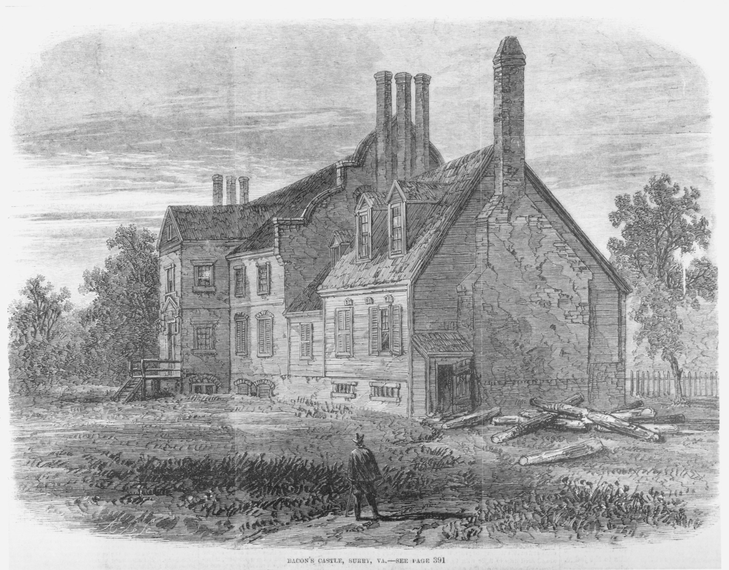 No portrait of Nathaniel Bacon survived. This engraving in an 1866 weekly newspaper shows a house that Bacon and his followers reputedly used as a stronghold in 1676.