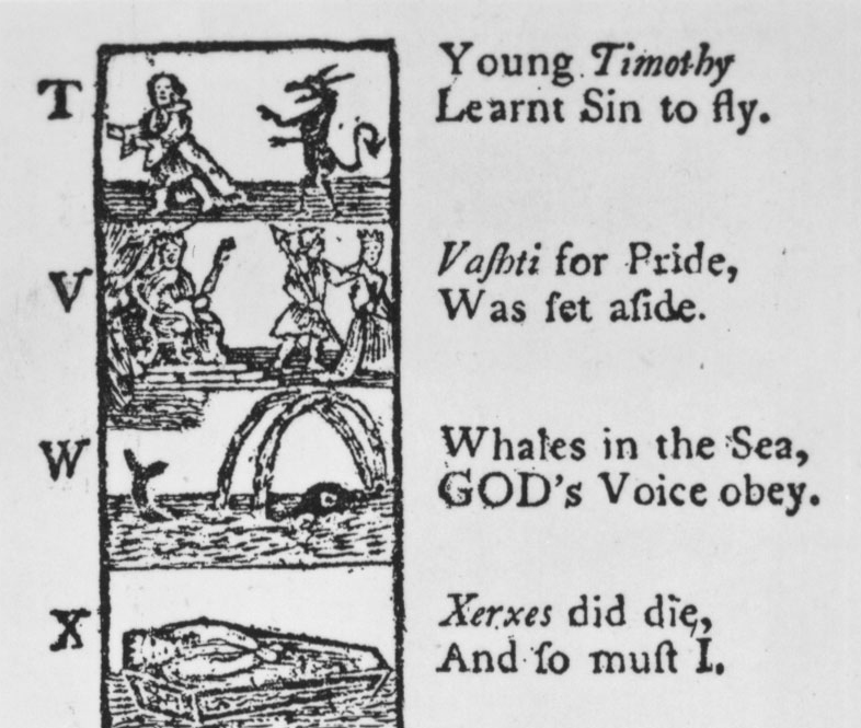 As a page from a 1767 edition of the widely used schoolbook demonstrates, children learning the alphabet also received lessons in obedience and restraint.