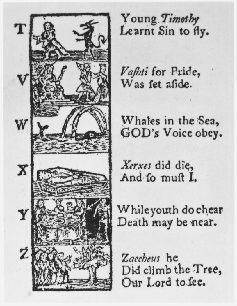 As a page from a 1767 edition of the widely used schoolbook demonstrates, children learning the alphabet also received lessons in obedience and restraint.