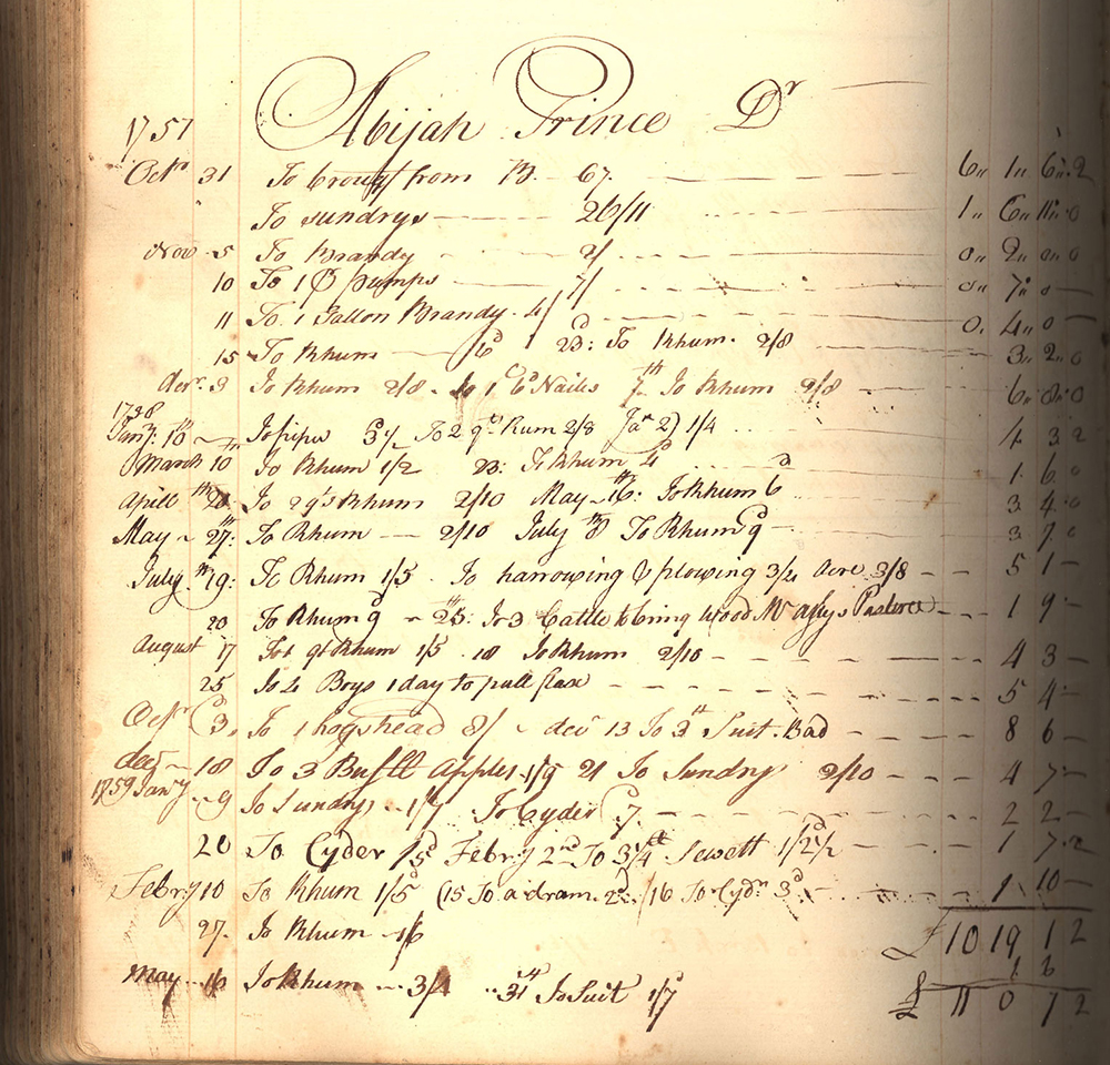 Account books are the most common documents left by ordinary people who lived in eighteenth-century rural communities. Historians rely on these valuable sources to reconstruct the economic world of preindustrial societies. As shown in the 1756 and 1757 accounts of merchant Elijah Williams of Deerfield, Massachusetts—chronicling his transactions with Abijah Prince, a free Black town resident—rural shopkeepers, farmers, and craftsmen used these books to keep track of their customers’ indebtedness. Williams sold textiles, food, spirits, and other wares; he accepted cash, labor, and agricultural products in return.