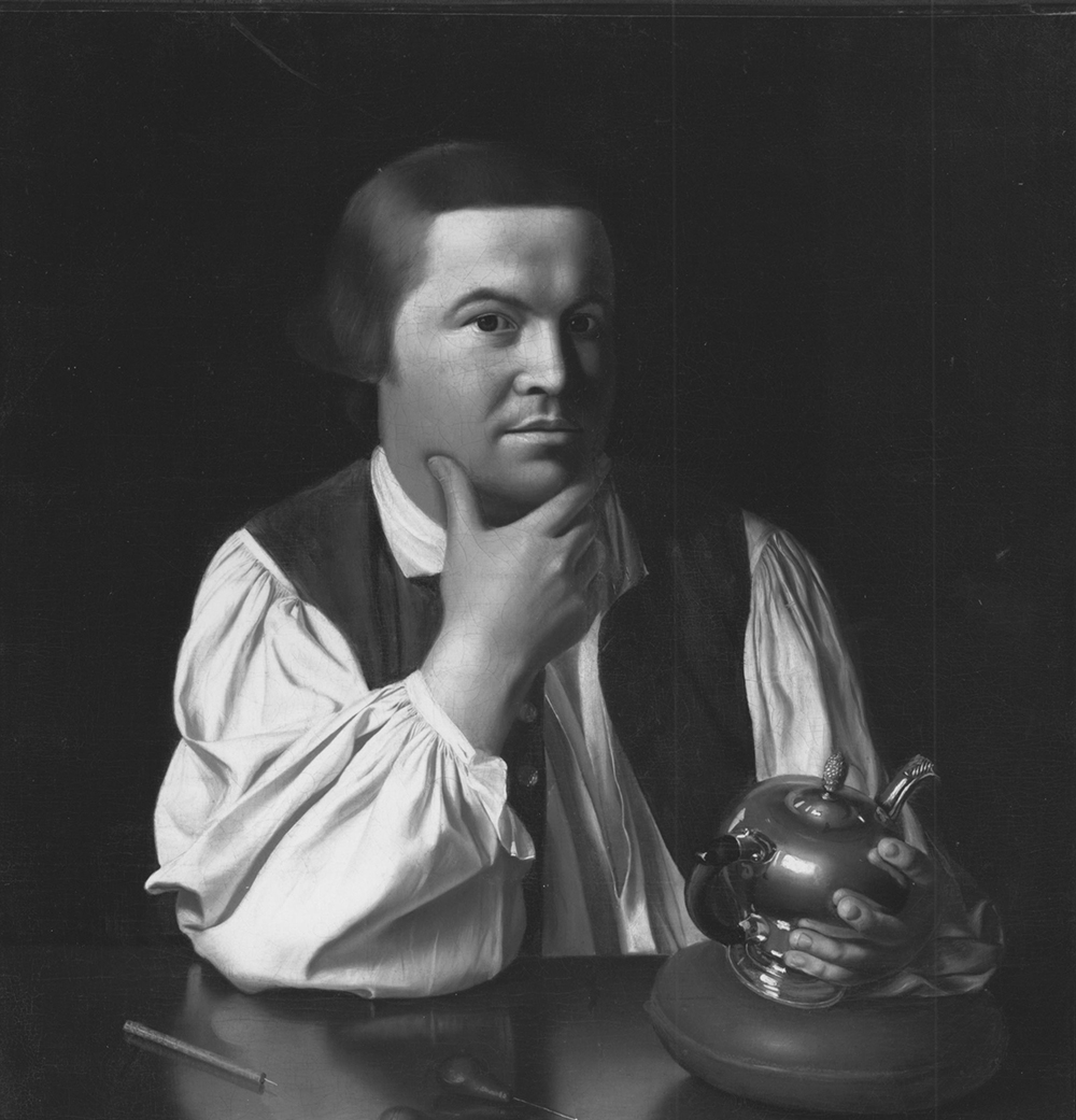 Boston silversmith Paul Revere was one of the few colonial craft workers painted by Copley. In this painting, dating from about 1770, Revere poses at his workbench, wearing the artisan’s plain linen shirt and vest and displaying his engraving tools and an unfinished teapot.