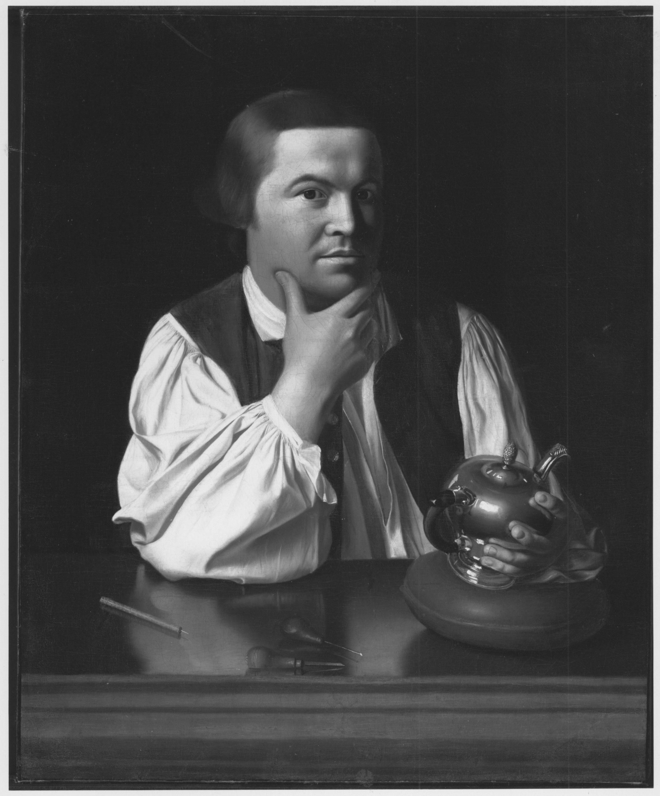 Boston silversmith Paul Revere was one of the few colonial craft workers painted by Copley. In this painting, dating from about 1770, Revere poses at his workbench, wearing the artisan’s plain linen shirt and vest and displaying his engraving tools and an unfinished teapot.