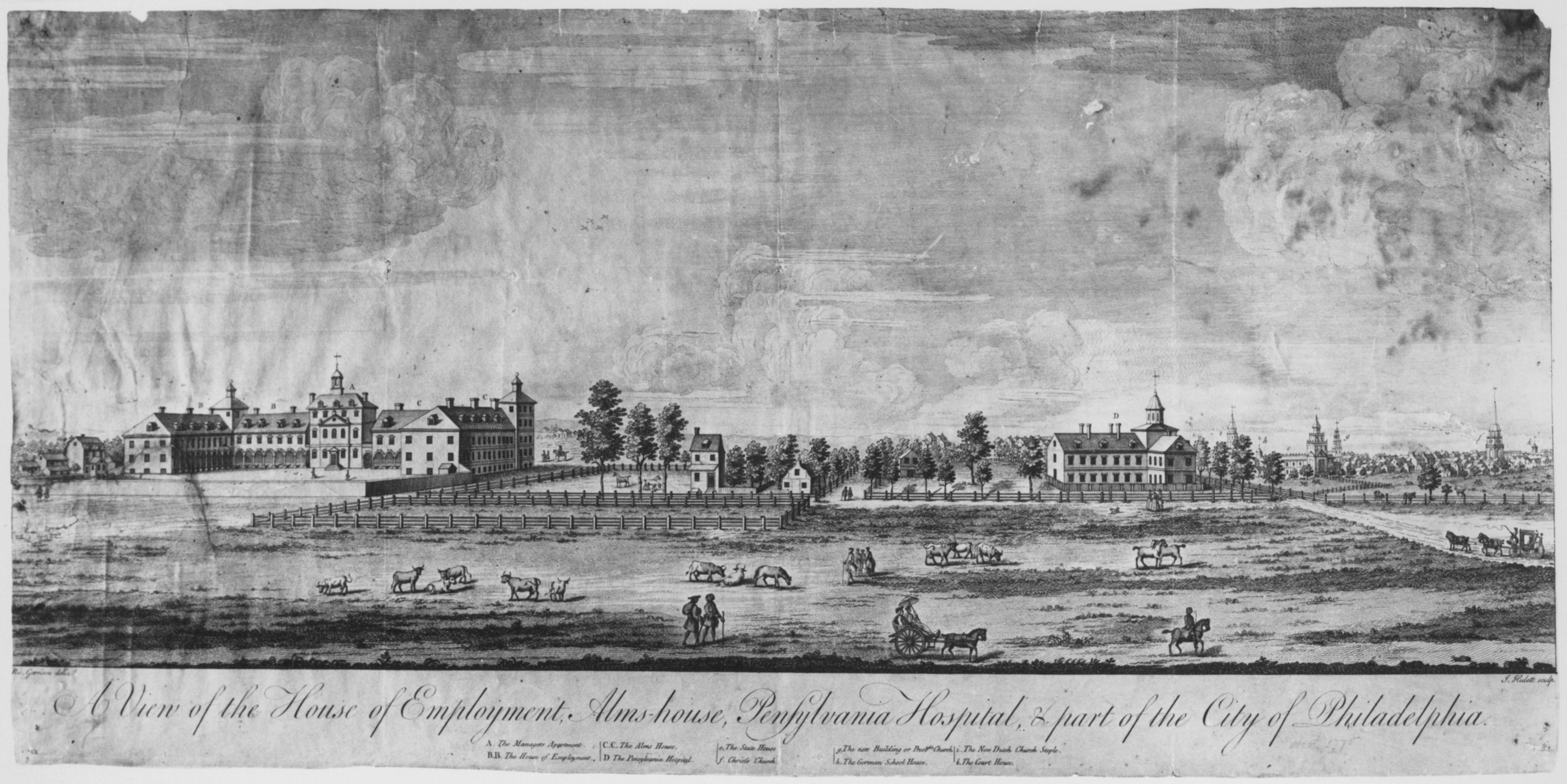 Increasing numbers of urban poor taxed the resources of northern colonial towns and cities. Many were incarcerated in almshouses and workhouses, but these institutions grew overcrowded. This 1767 engraving commemorated the opening of new facilities on the outskirts of Philadelphia. Typically, the print emphasizes the institution's bucolic setting rather than the less picturesque activities within its walls.