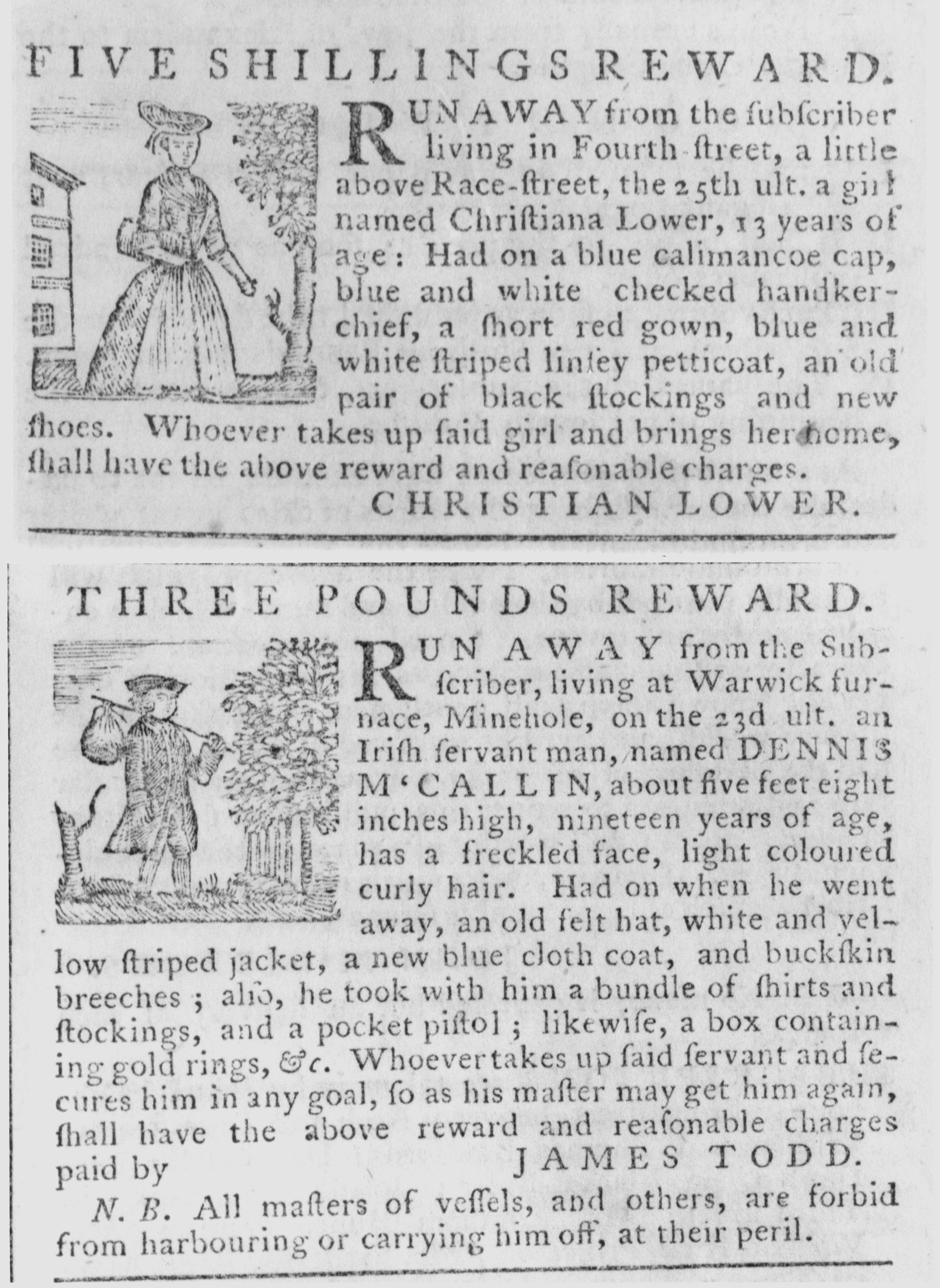 These reward notices for the capture of runaway servants appeared in a 1772 edition of a Pennsylvania newspaper.