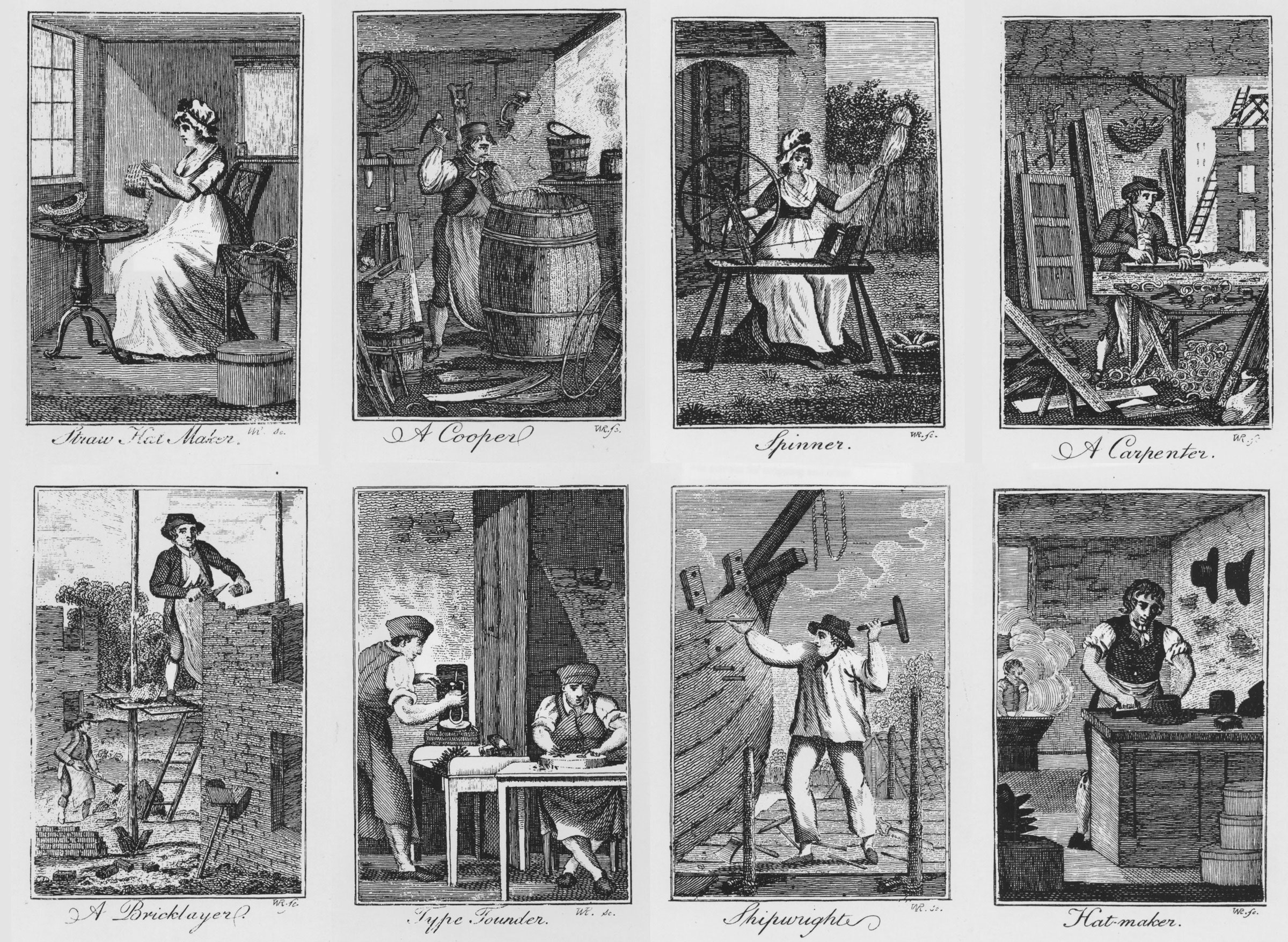 These illustrations were published in the American edition of <em>The Book of Trades</em>, a British survey of crafts that were practiced in the colonies.