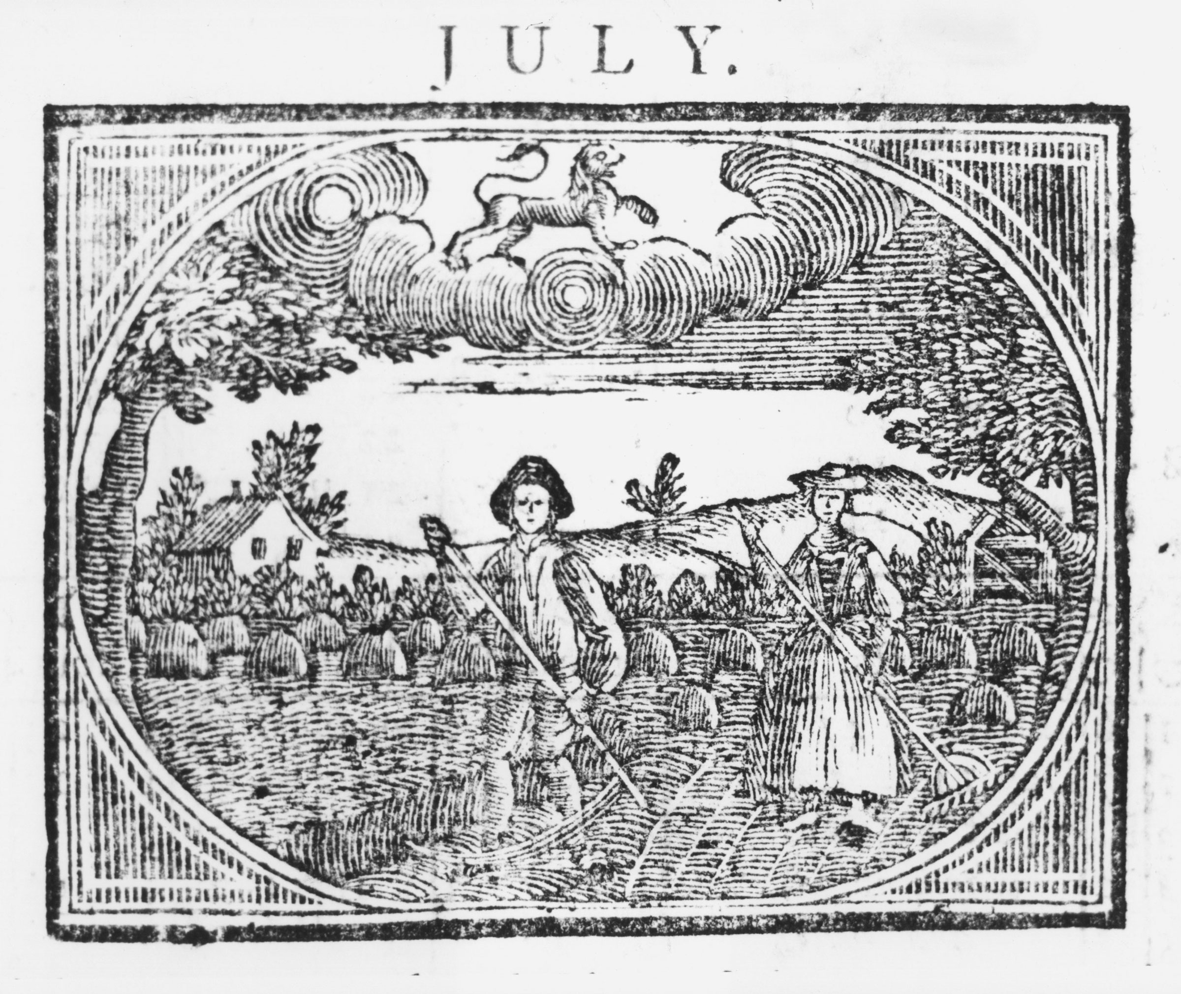 A woodcut from a Pennsylvania almanac published in the 1760s shows a farm family at work in the fields.