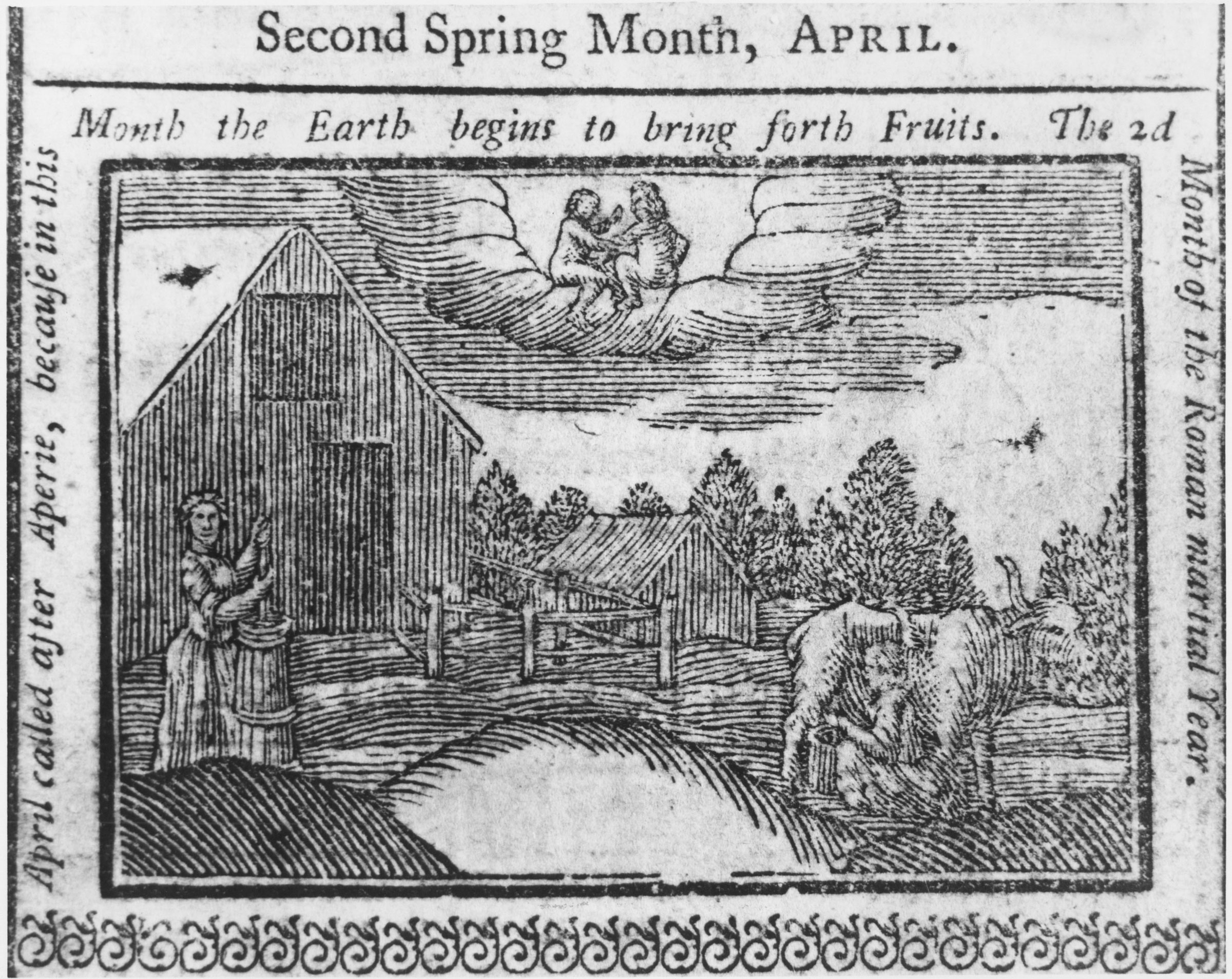 An engraving from a 1760 New York almanac showed one woman milking a cow and another churning butter. Women typically took charge of the dairy on rural farms, making cheese and butter to sell or trade.