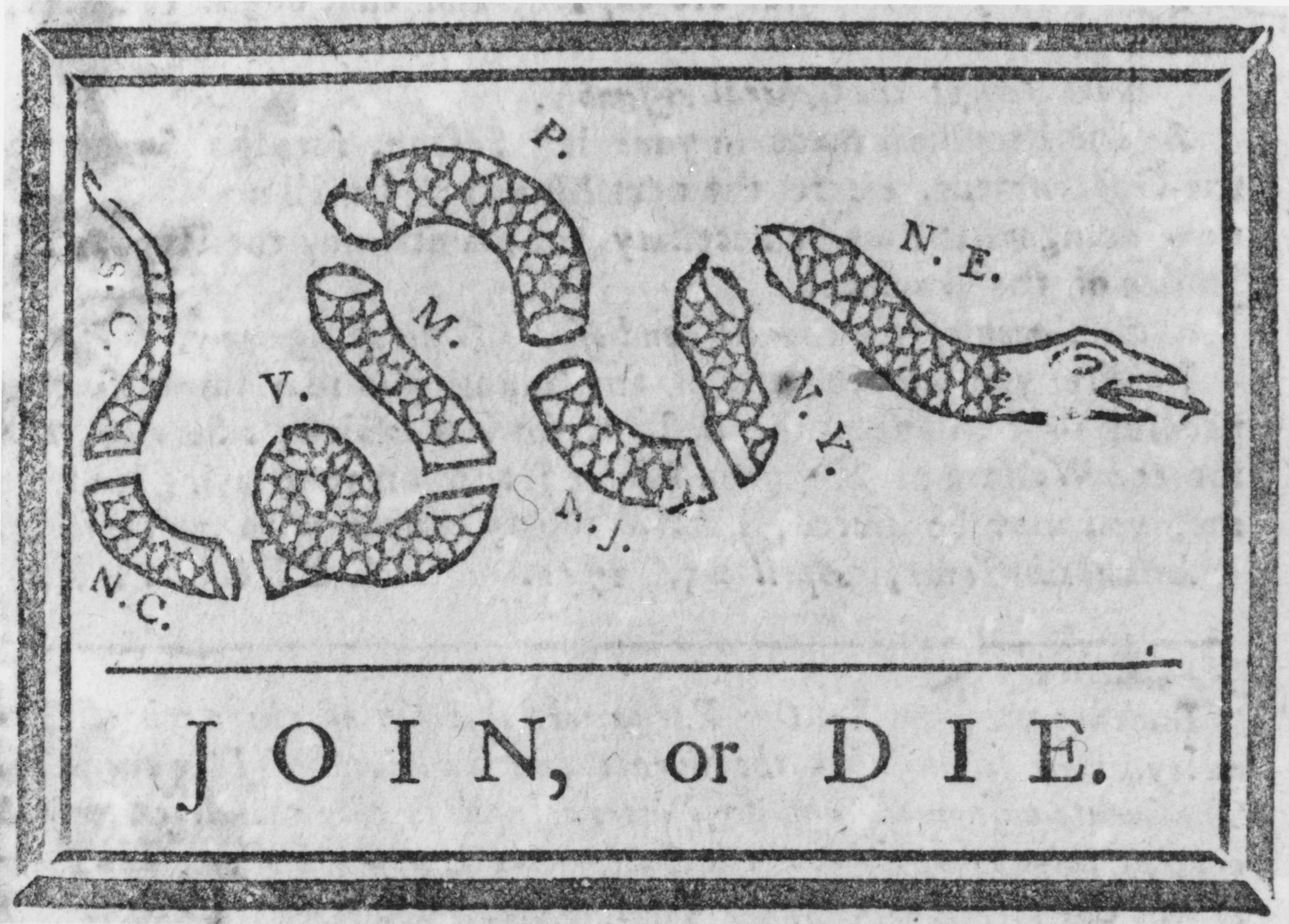 As war with France approached, this woodcut appeared in a 1754 edition of Benjamin Franklin’s <em>Pennsylvania Gazette</em> as a call to Britain’s colonies to form a unified defense. Eleven years later, when Britain attempted to enforce the Stamp Act, Paul Revere, looking for an effective image for resistance, appropriated the old symbol.