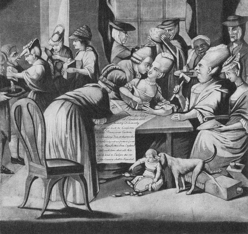 Cheap prints depicting current events were in great demand in both England and the colonies. This 1775 British print mocks the Edenton, North Carolina, Ladies’ Patriotic Guild, a group of fifty-one women who signed a declaration in support of nonimportation, swearing not to drink tea or purchase other British imports. The artist treated the women with scorn, portraying them as ugly, impressionable, and neglectful of their children.