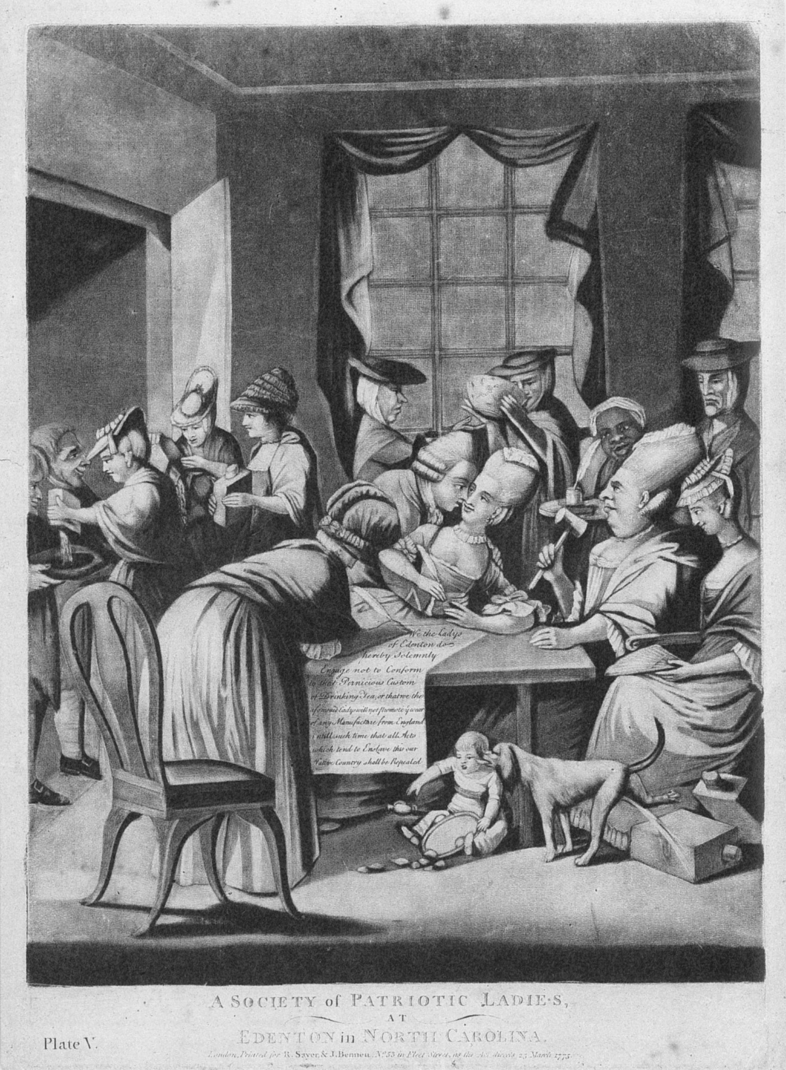 Cheap prints depicting current events were in great demand in both England and the colonies. This 1775 British print mocks the Edenton, North Carolina, Ladies’ Patriotic Guild, a group of fifty-one women who signed a declaration in support of nonimportation, swearing not to drink tea or purchase other British imports. The artist treated the women with scorn, portraying them as ugly, impressionable, and neglectful of their children.