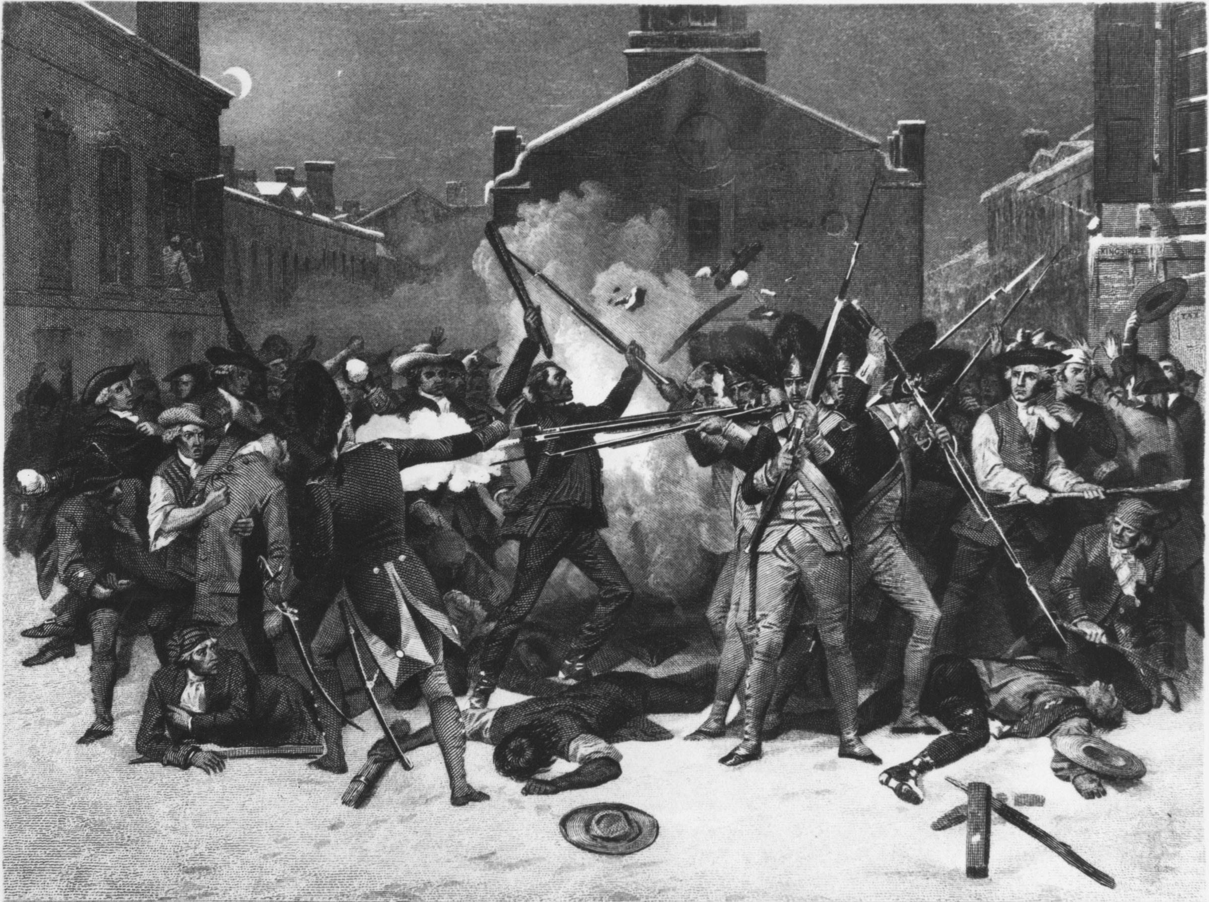 Artists continued to redraw, repaint, and reinterpret the Boston Massacre. This engraving based on a painting by Alonzo Chappel still omitted Crispus Attucks, but it showed the chaos of the confrontation and captured the horror of soldiers shooting down unarmed citizens.