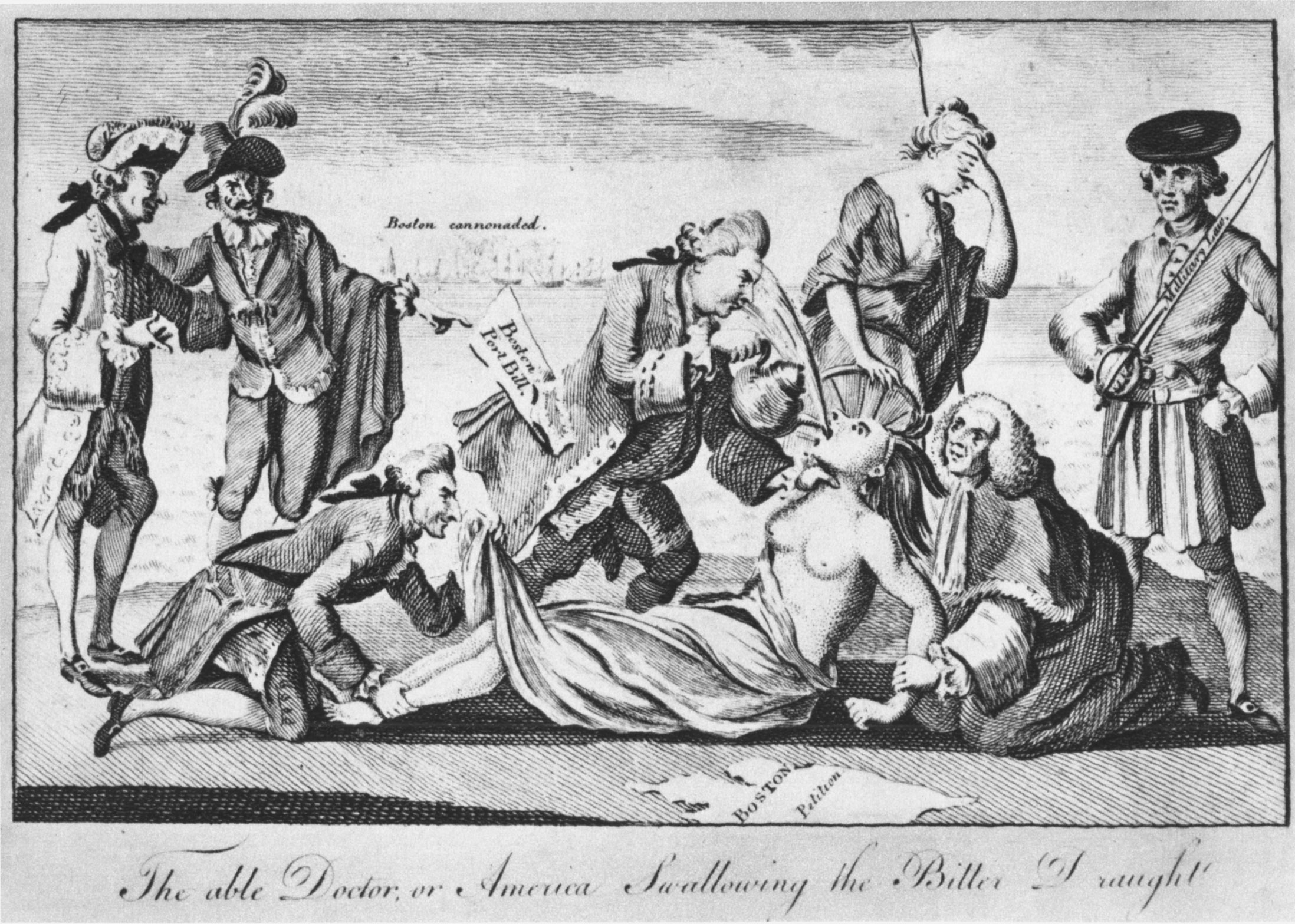 Many British prints sympathized with the colonists’ claims. In this engraving, published in the April 1774 <em>London Magazine</em>, America (depicted as a Native woman) was assaulted by several recognizable British statesmen—principally Lord North, the Prime Minister, who was shown forcing tea down her throat (only to have it spat back into his face). Meanwhile, France and Spain looked on, and Britannia averted her eyes in shame. By June 1775, the engraving had reached the colonies, where it was copied and reproduced by Paul Revere.