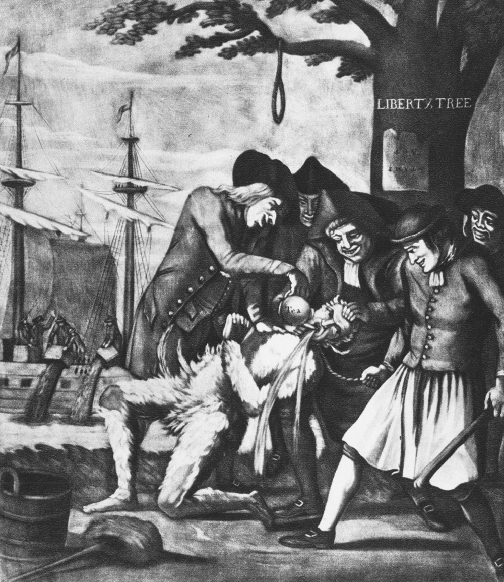 A 1774 British print depicts the tarring and feathering of Boston Commissioner of Customs John Malcolm. Tarring and feathering was a ritual of humiliation and public warning that stopped just short of life-threatening injury. In this print, Malcolm was attacked under the Liberty Tree by several Patriots, including a leather-aproned artisan, while the Boston Tea Party occurred in the background; in fact, the Tea Party had taken place four weeks earlier. This anti-Patriot print may have been a response to the sympathetic “The Able Doctor” published earlier the same year.