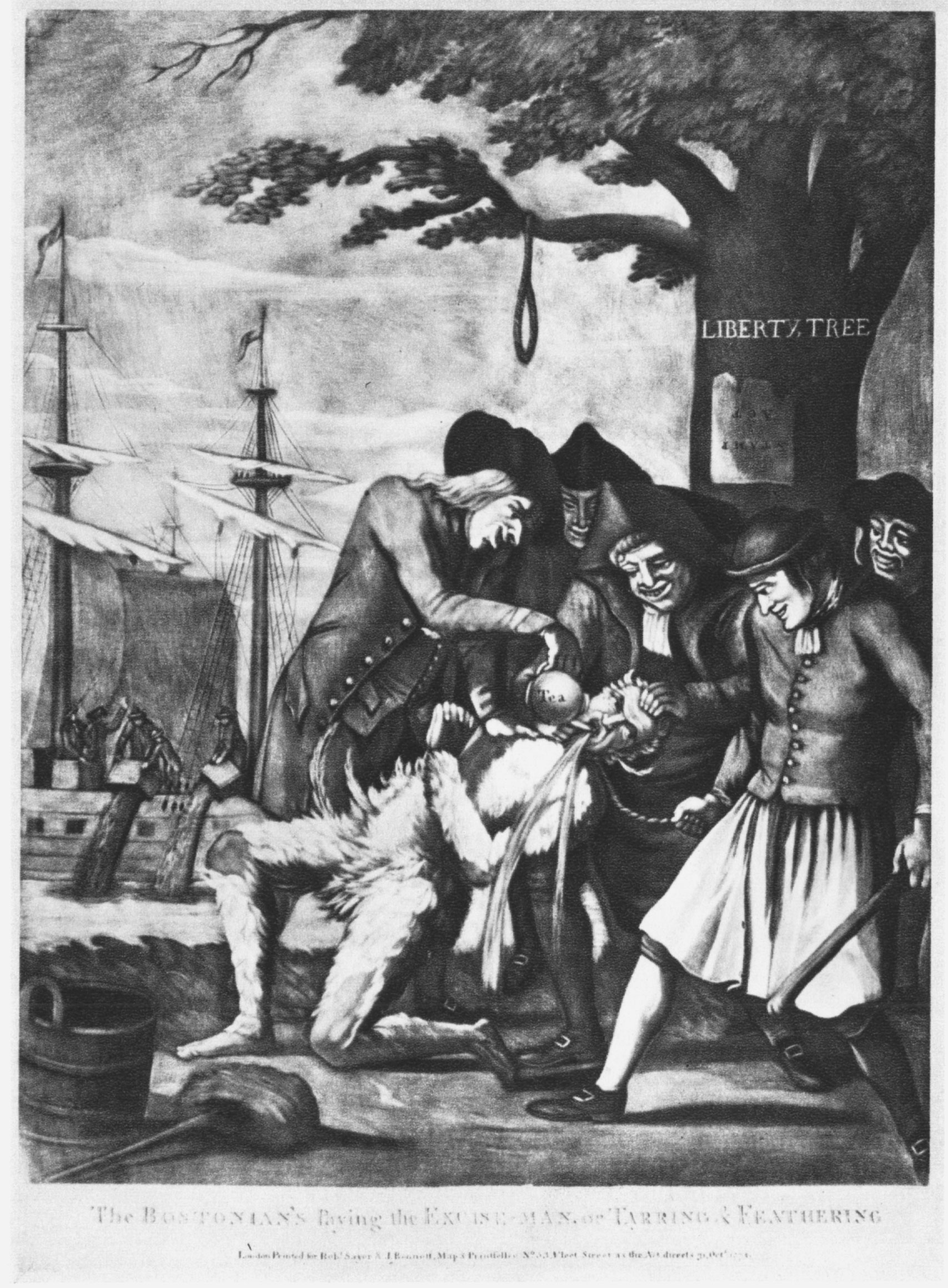 A 1774 British print depicts the tarring and feathering of Boston Commissioner of Customs John Malcolm. Tarring and feathering was a ritual of humiliation and public warning that stopped just short of life-threatening injury. In this print, Malcolm was attacked under the Liberty Tree by several Patriots, including a leather-aproned artisan, while the Boston Tea Party occurred in the background; in fact, the Tea Party had taken place four weeks earlier. This anti-Patriot print may have been a response to the sympathetic “The Able Doctor” published earlier the same year.