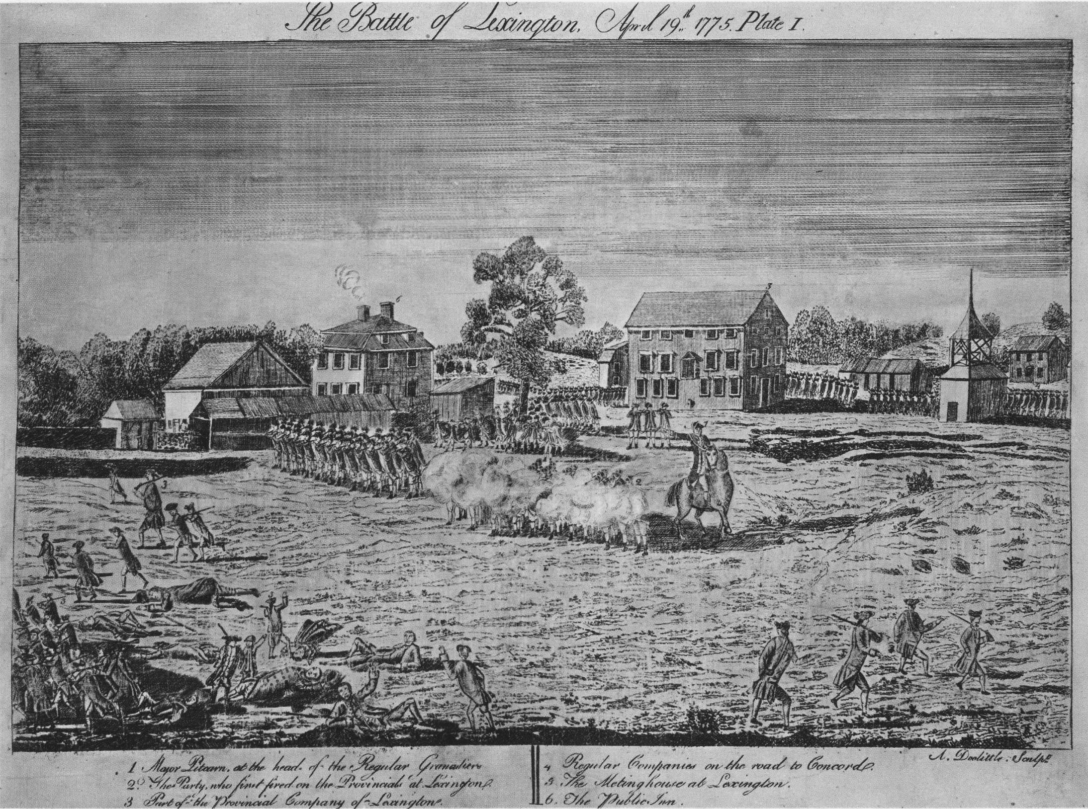 This picture was one of a set of four prints based on drawings sketched shortly after the battle of Lexington by Amos Doolittle, a twenty-one-year-old engraver who visited the site as a member of the Connecticut militia. Although the location was rendered with accuracy, the drawing misrepresented the behavior of British troops, whose discipline was less than perfect. The four prints, on sale by December 1775, were the first American illustrations of warfare during the Revolution.