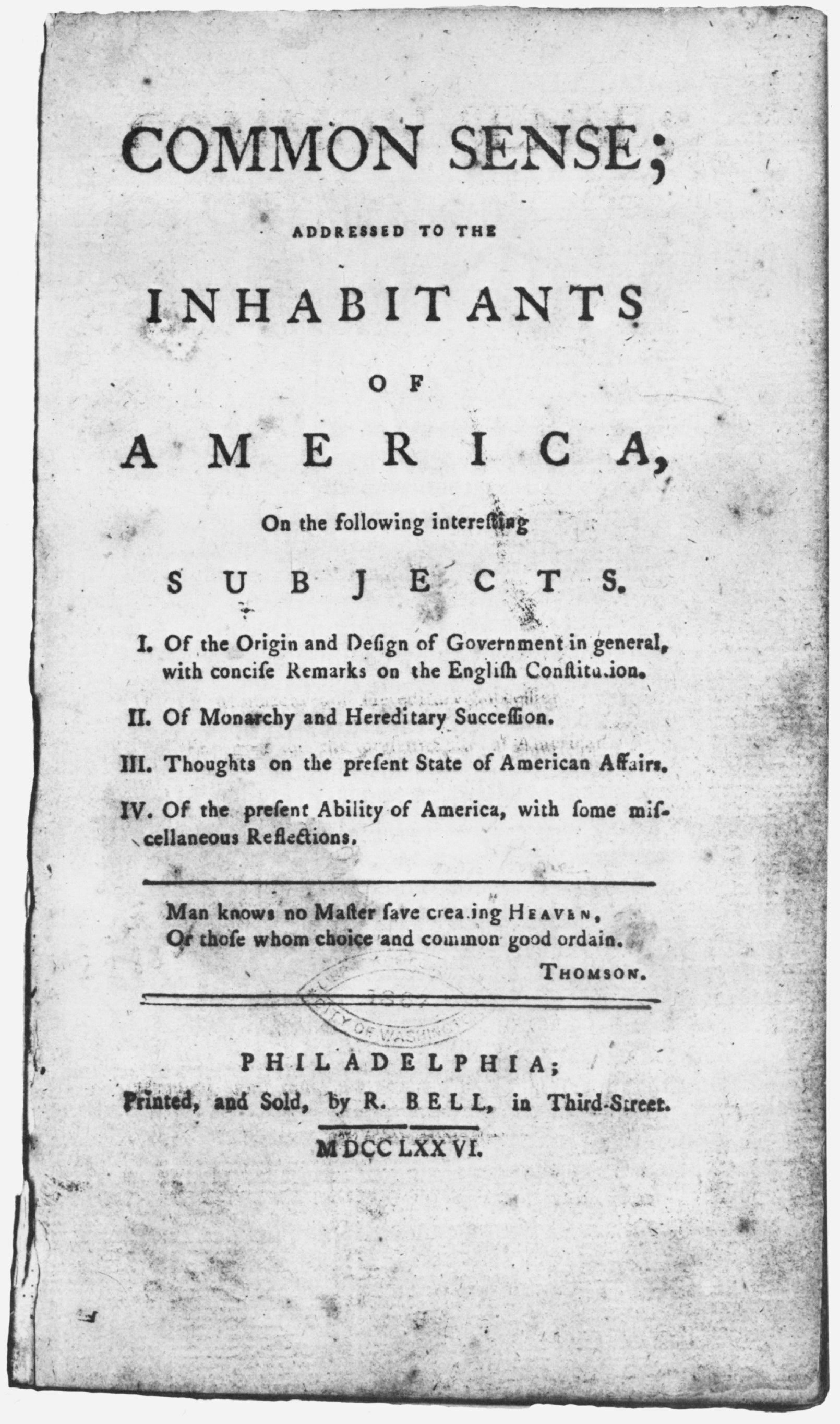 The cover of Thomas Paine’s 1776 pamphlet.