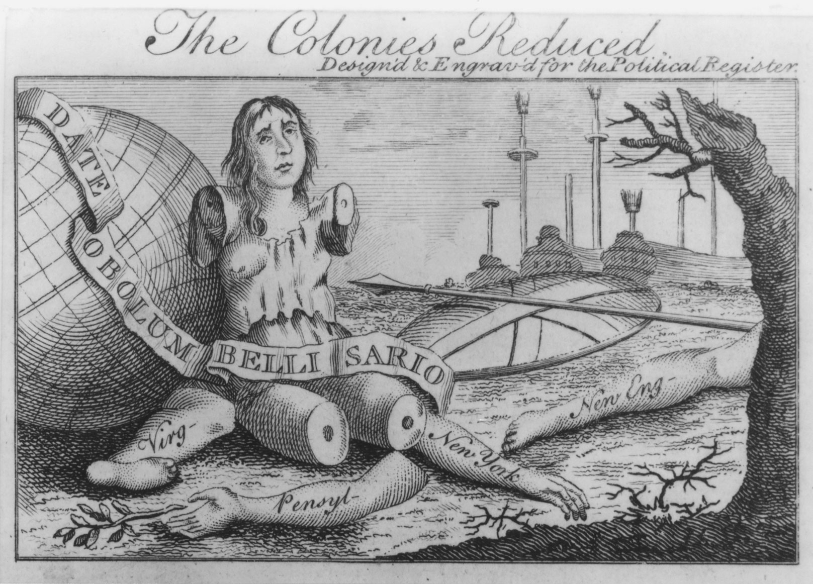 Britannia, surrounded by her amputated limbs—marked Virginia, Pennsylvania, New York, and New England—contemplated the decline of her empire in this 1767 engraving published in Britain. The cartoon, attributed to Benjamin Franklin, warned of the consequences of alienating the colonies through enforcement of the Stamp Act (the Latin phrase, meaning “Give a coin to Bellisarius,” referred to the popular apocryphal tale of the noble Roman general Bellisarius, who, unjustly exiled by the Emperor Justinian, was forced to beg). Franklin, who was in England representing the colonists’ claims, arranged to have the image printed on cards that he distributed to members of Parliament.