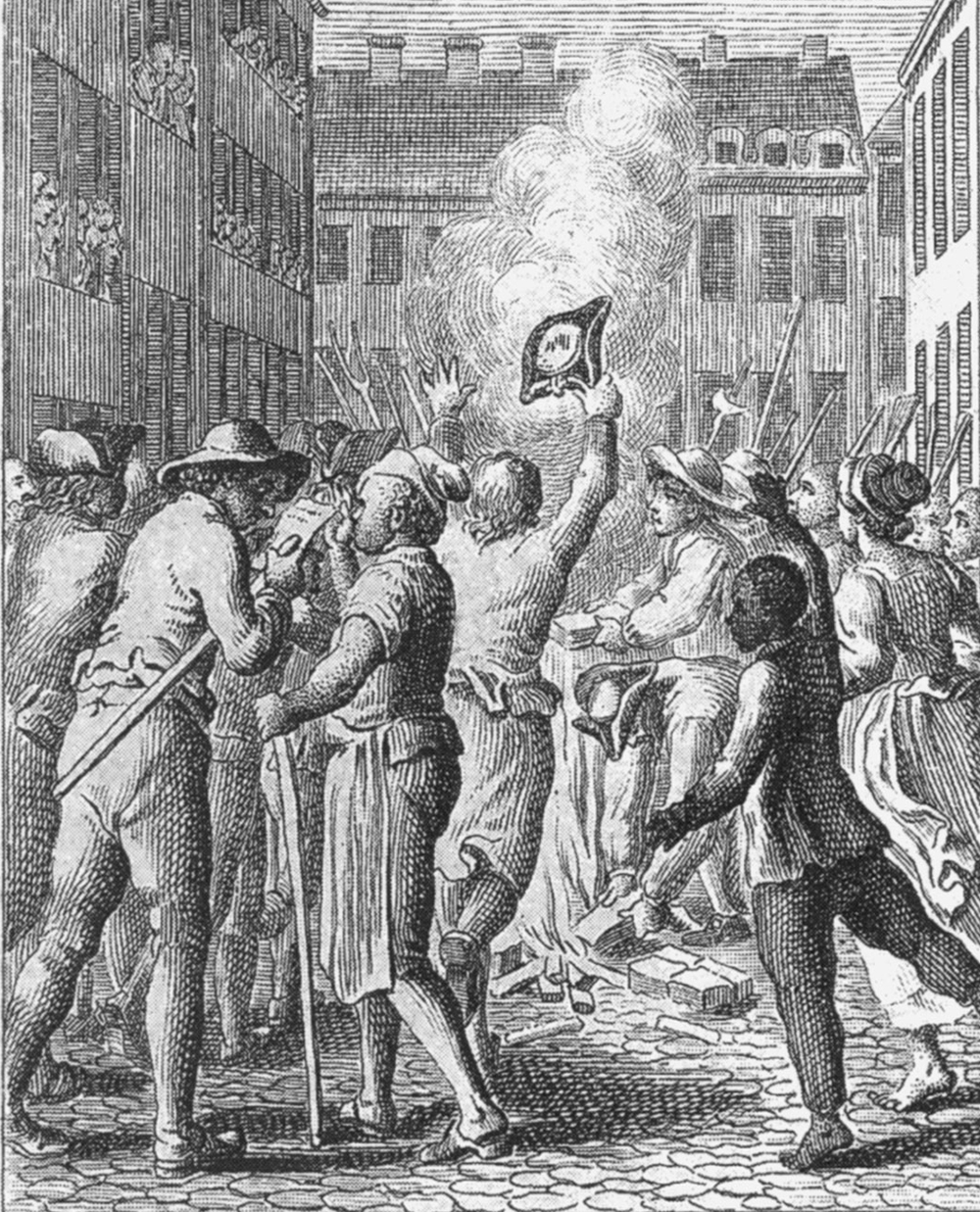 A generation after the event, an etching in a 1784 German pocket almanac imaginatively celebrated the Boston crowd (including women, African Americans, and artisans wearing leather aprons) burning stamped papers.