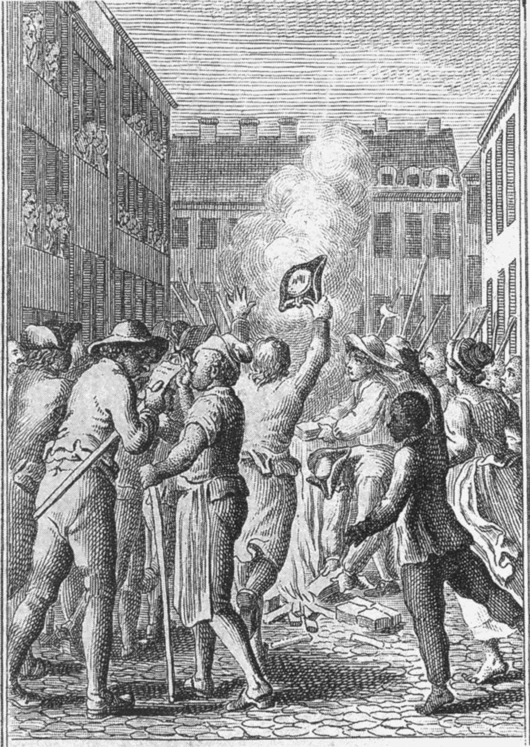 A generation after the event, an etching in a 1784 German pocket almanac imaginatively celebrated the Boston crowd (including women, African Americans, and artisans wearing leather aprons) burning stamped papers.