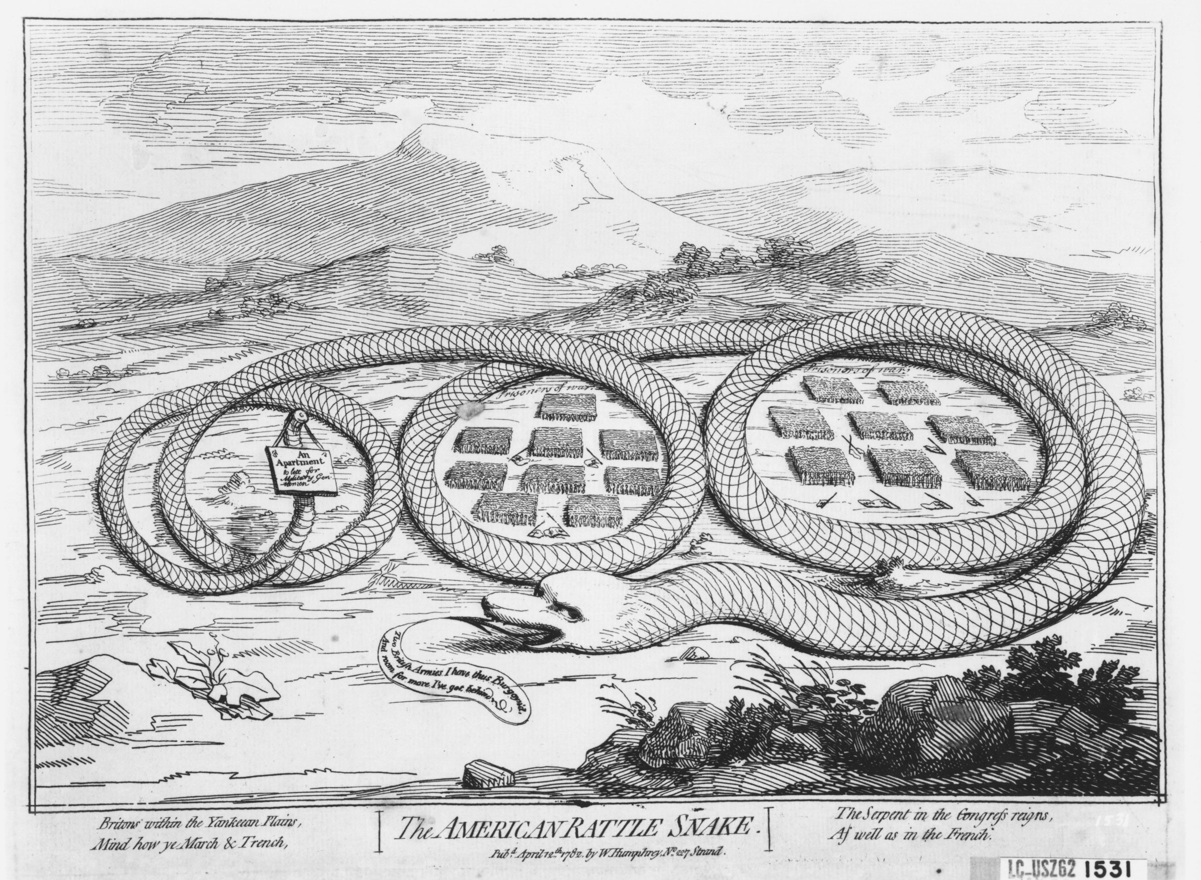 The British political artist James Gillray’s 1782 cartoon commented on the military situation the king’s delegates faced at the start of peace negotiations with the United States. British forces commanded by Generals Burgoyne and Cornwallis are shown trapped within the snake’s coils, while its rattle carries a placard stating, “An Apartment to Lett for Military Gentlemen.”