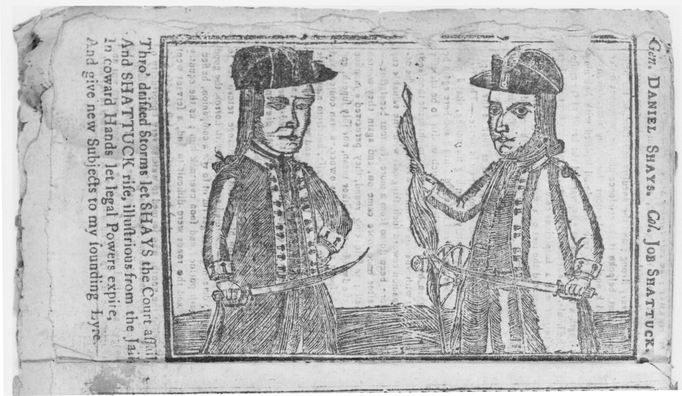 The portraits of Daniel Shays and Job Shattuck, leaders of the Massachusetts Regulators, appeared on the cover of <em>Bickerstaff’s Boston Almanack</em> in 1787.