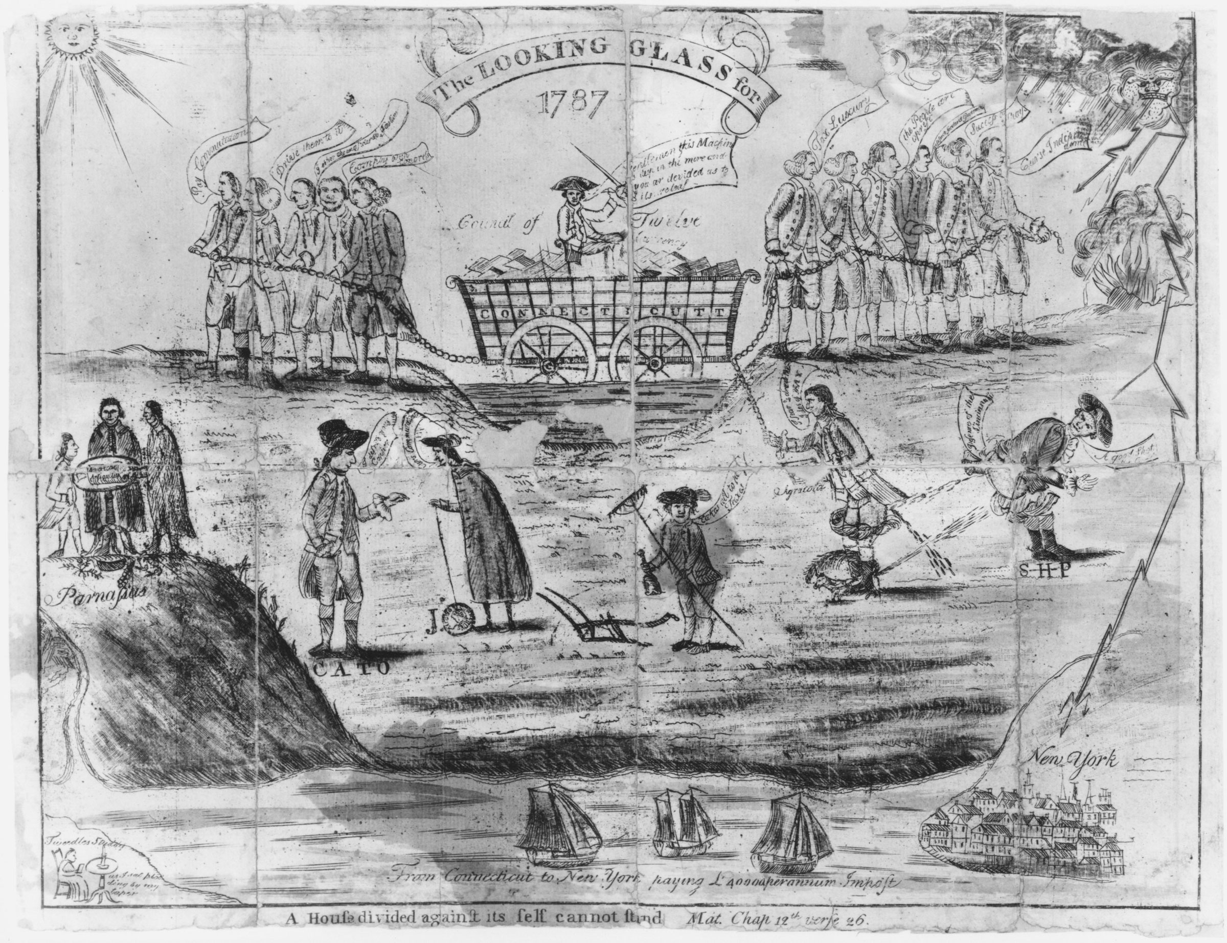 New Haven engraver Amos Doolittle’s 1787 print commented on the political situation preceding the Constitutional Convention. While a wagon labeled “Connecticut” sinks in a mud pit, nationalists (left) and localists (right) are too divided to cooperate in its rescue.