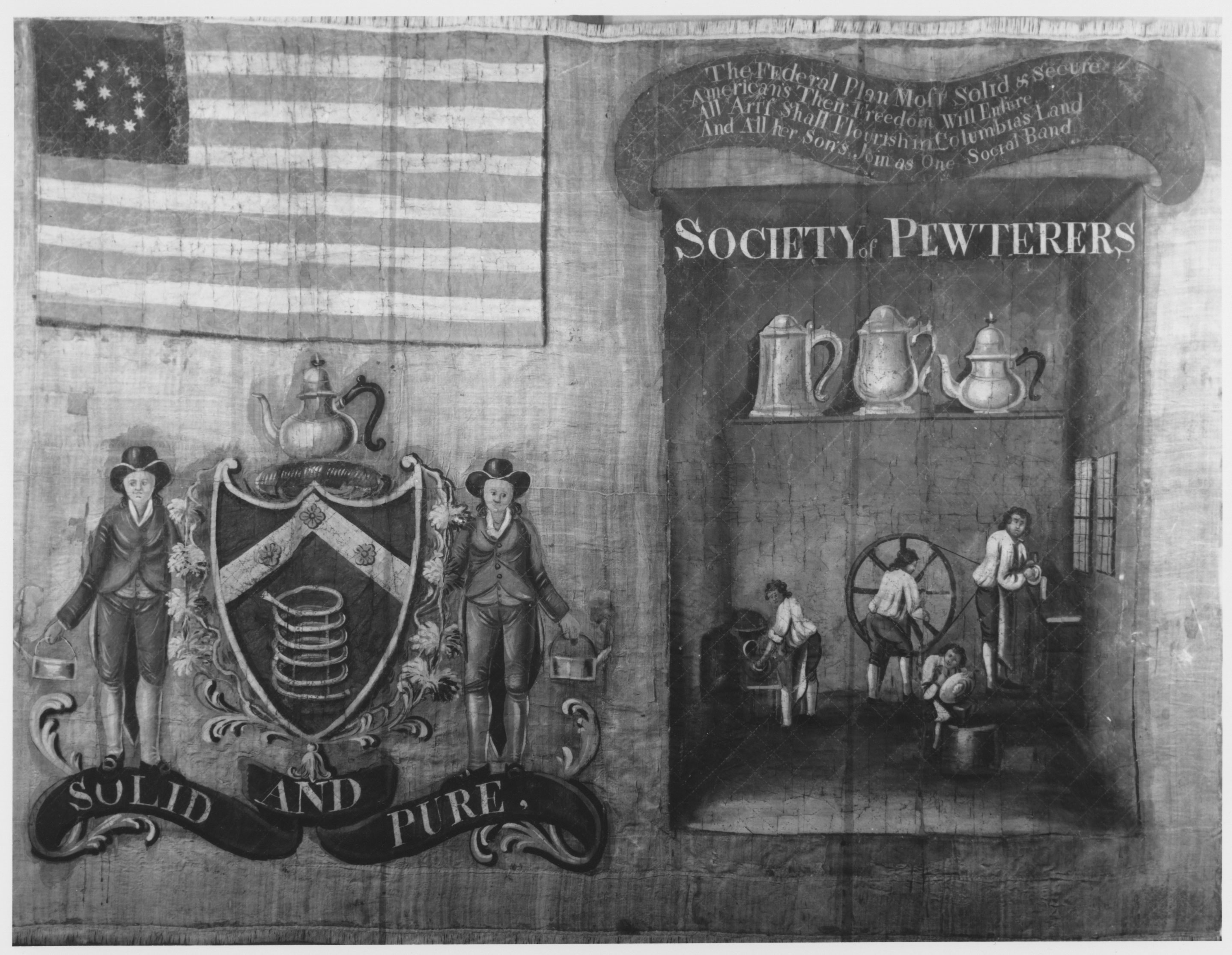 This flag was carried by master, journeymen, and apprentice pewterers in the July 1788 parade in New York City celebrating ratification of the Constitution. Many artisan groups constructed floats and carried banners in this parade, with slogans and mottos that revealed their reasons for supporting a stronger federal government.