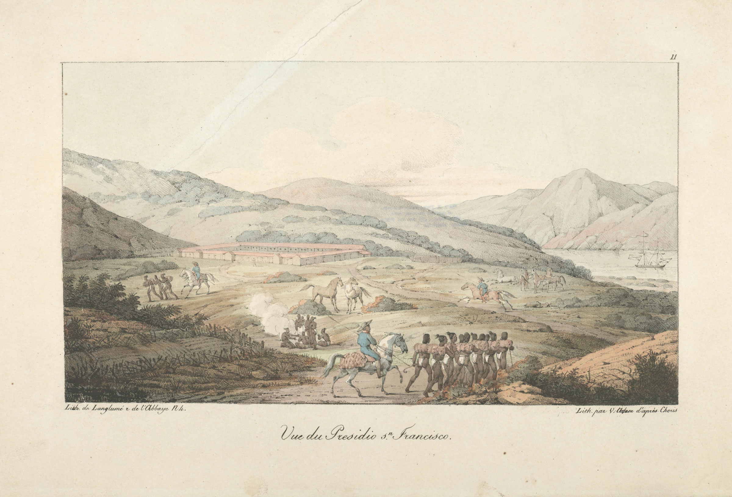 In 1776, the Spanish government used Native labor to build a <em>presidio</em>, or military post, on a high cliff overlooking the mouth of San Francisco bay to defend its colony from Russian and other foreign rivals. When artist Louis Choris visited California in 1816 as part of a Russian military expedition, he depicted Spanish soldiers leading captured Native Americans for forced agricultural labor toward the Presidio.