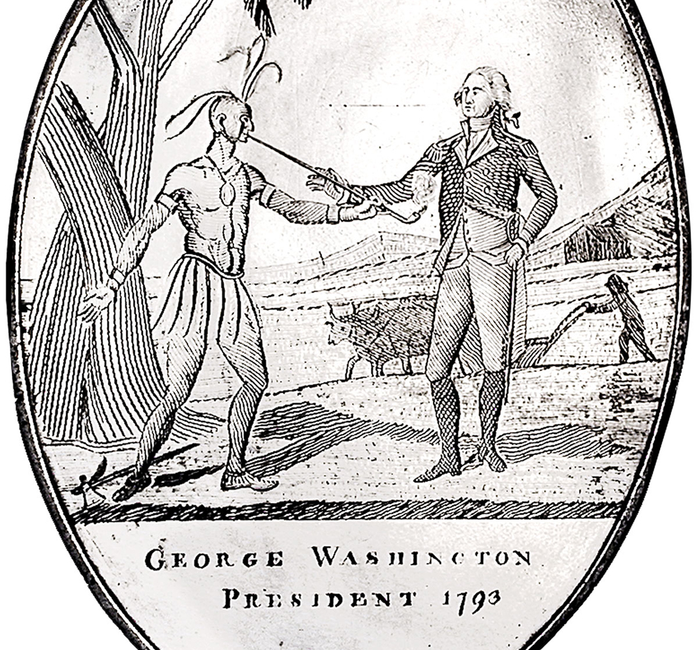 Like the British, the new Americans bestowed medals on cooperating Native leaders. Made by Philadelphia silversmith Joseph Richardson, Jr., this medal was decorated with images that heralded peaceful relations between the new nation’s leaders and Native Americans. President George Washington holds out his hand in peace while a Native leader extends a peace pipe and casts off a tomahawk. But the medal also sent a warning: Washington was shown in his military uniform, a reminder to Native peoples of American military power, and in the background, America’s vision of the future was indicated by a “civilized” Native farmer plowing a field.