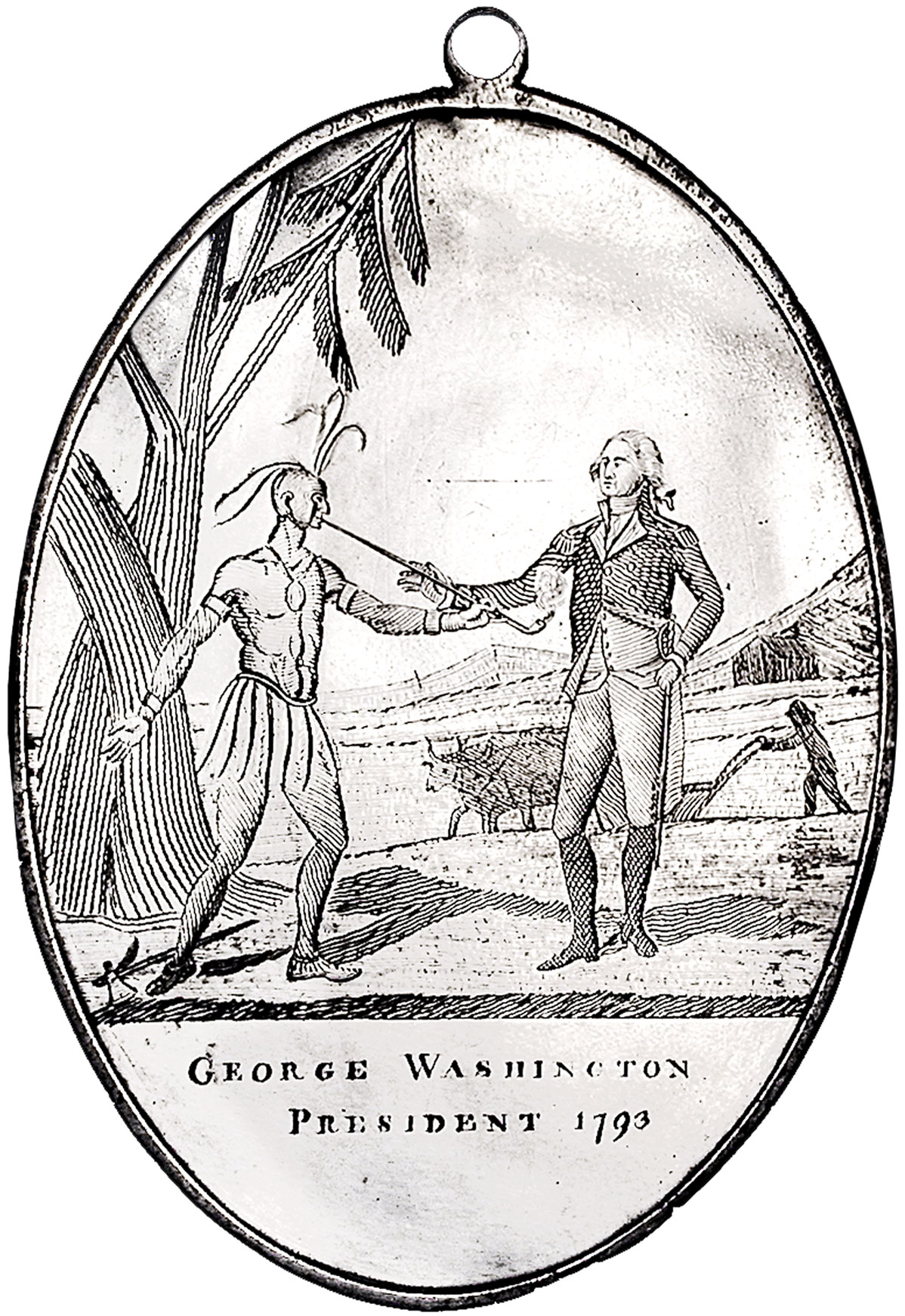 Like the British, the new Americans bestowed medals on cooperating Native leaders. Made by Philadelphia silversmith Joseph Richardson, Jr., this medal was decorated with images that heralded peaceful relations between the new nation’s leaders and Native Americans. President George Washington holds out his hand in peace while a Native leader extends a peace pipe and casts off a tomahawk. But the medal also sent a warning: Washington was shown in his military uniform, a reminder to Native peoples of American military power, and in the background, America’s vision of the future was indicated by a “civilized” Native farmer plowing a field.