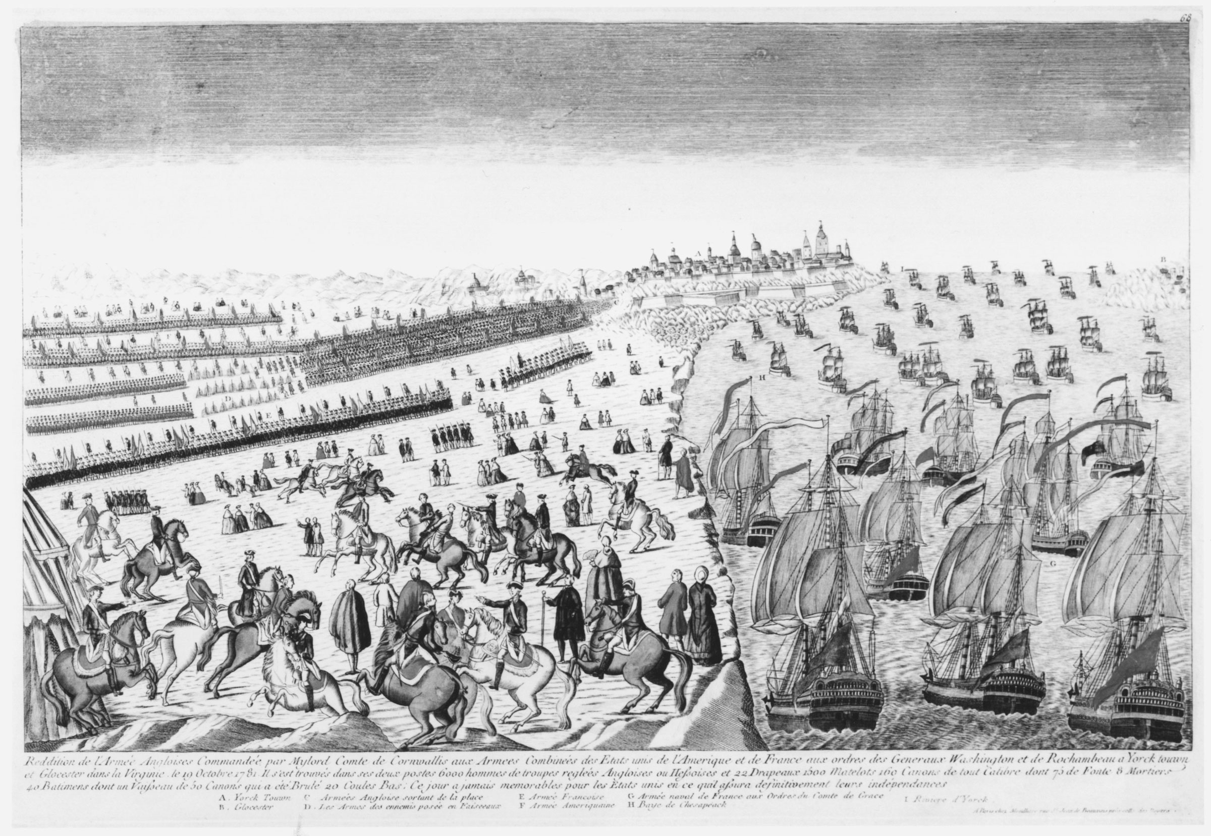 A French print depicted the 1781 victory of American and French armies over the British in Yorktown, Virginia. As shown here, French ships blocked the entrance of Chesapeake Bay, preventing British ships from resupplying their troops on the shore. But having no knowledge of the locale, the French artist rendered Yorktown as a European walled city.