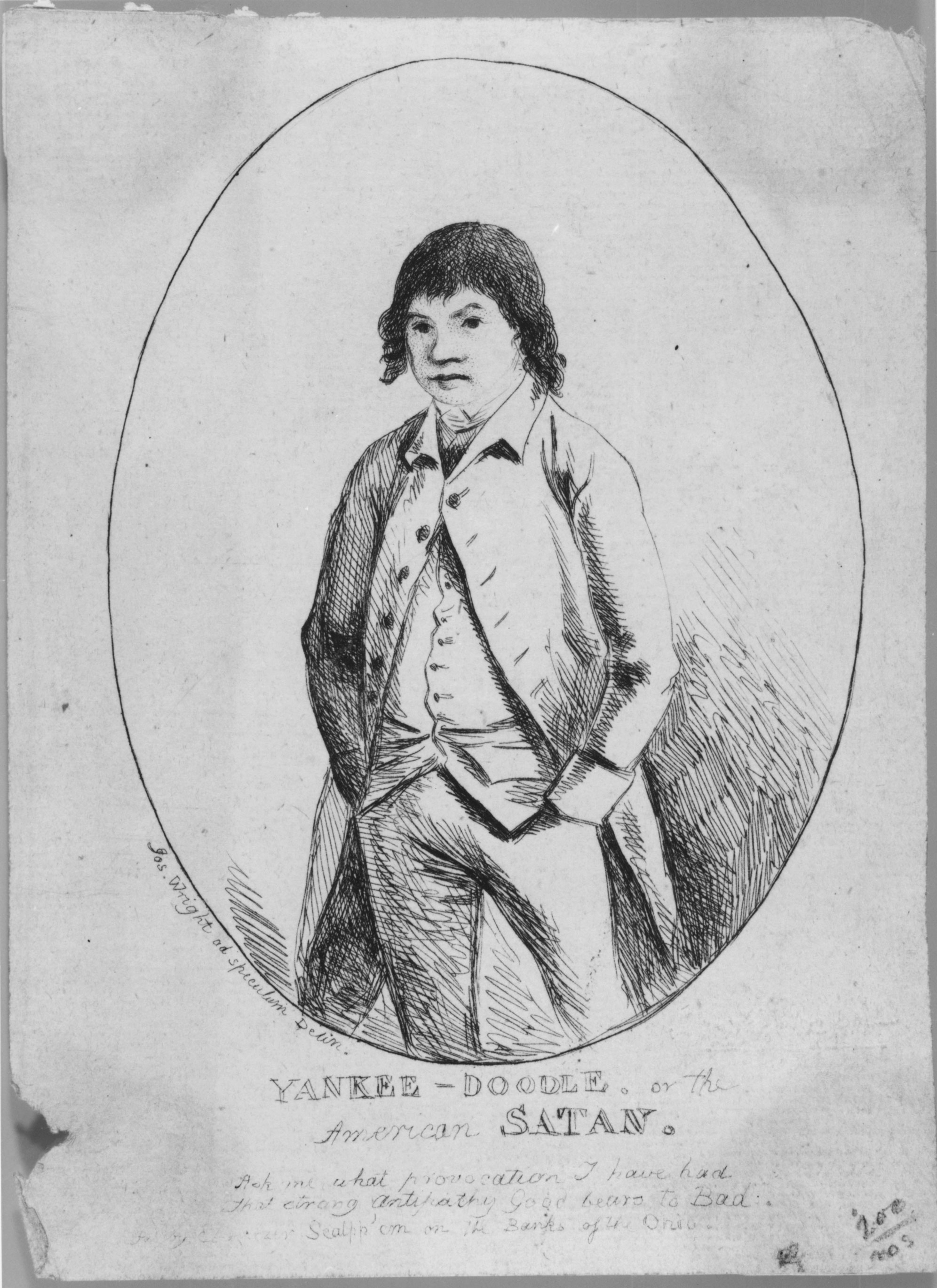 This print, by an American-born engraver living in London, may have mocked British characterizations of the Patriot enemy by portraying the “evil” archetypal American as a plainly dressed, serious-looking young man. After British soldiers started losing battles, their favorite song deriding colonists, “Yankee Doodle,” was proudly appropriated by American forces.