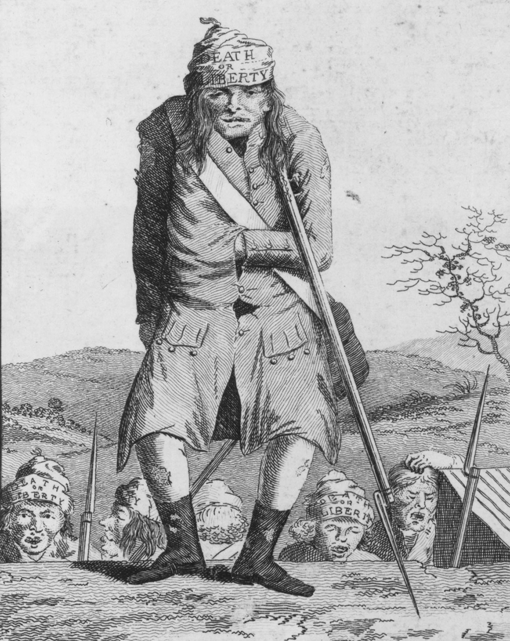 A British caricature portrayed the American soldier as disheveled and maladroit, in contrast to the reputed disciplined and orderly appearance of the British military man.