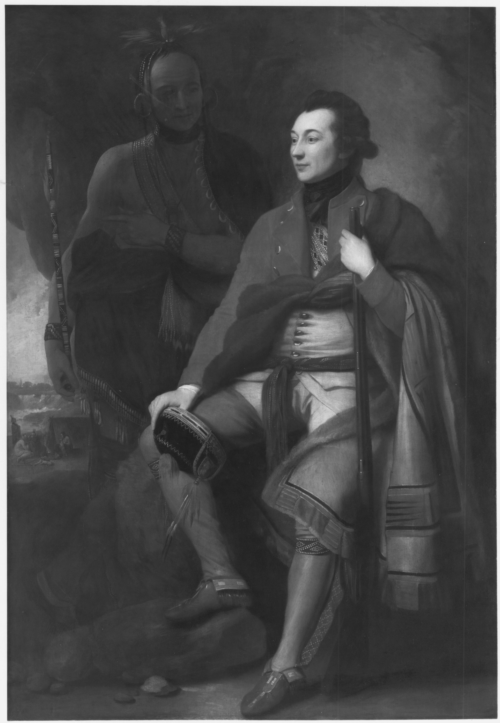 Guy Johnson, who succeeded his father-in-law Sir William Johnson as British Superintendent of Indian Affairs, was the ostensible subject of Benjamin West’s painting, but it was the shadowy figure of Thayendanegea (Joseph Brant) that characterized the picture. This Kanien'kehá:ka (Mohawk) chief, educated at New Hampshire’s Indian School (later Dartmouth College), saw the war as an opportunity to gain Native independence; he sided with the British in exchange for specific concessions. After a brief visit to Great Britain in 1775–1776 (where this picture was painted), Thayendanegea returned to the colonies. Throughout the war, he led Haudenosaunee raids on New York frontier settlements.