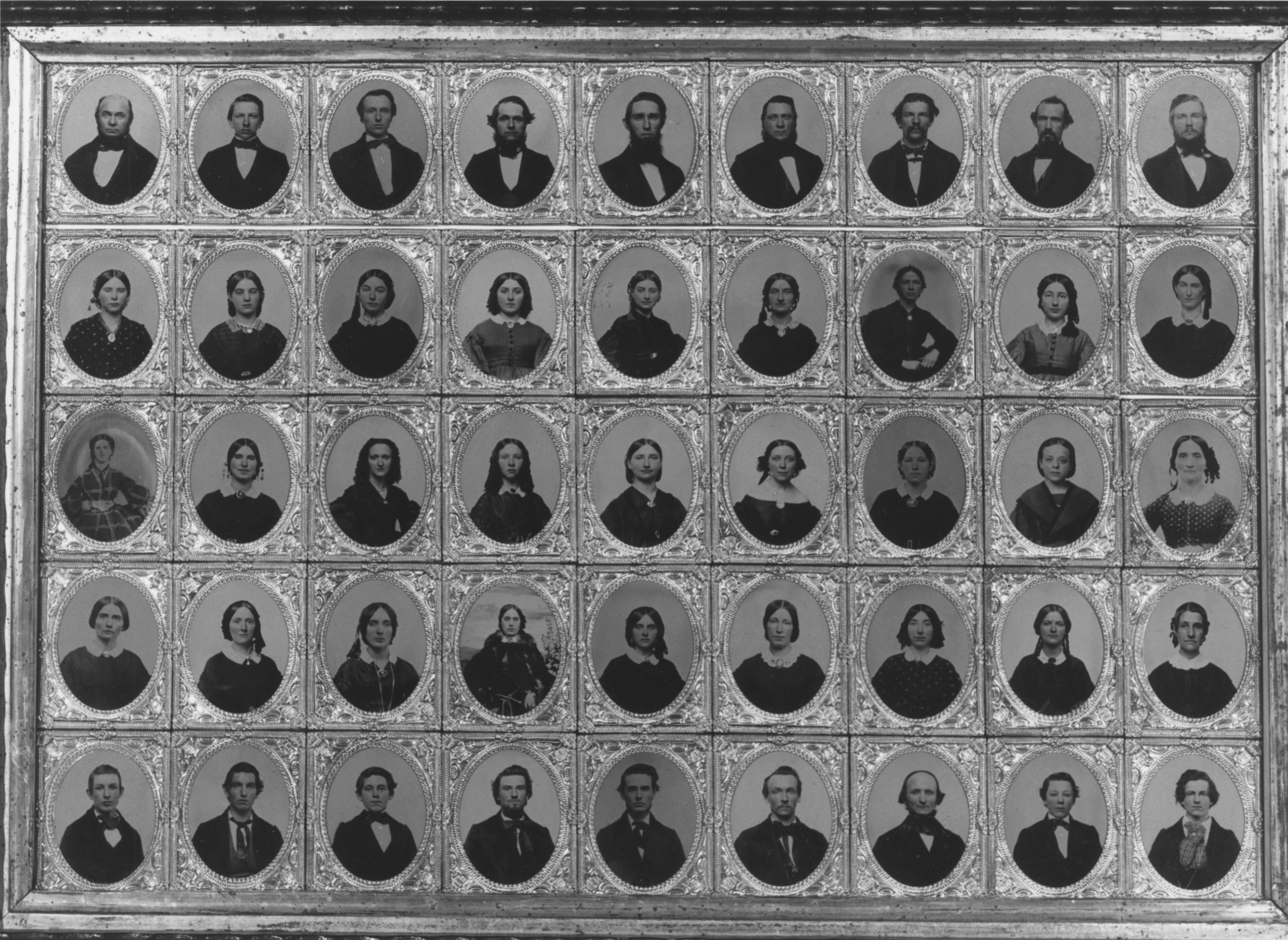 Framed portraits of workers of the Amoskeag Manufacturing Company in Manchester, New Hampshire, c. 1854.