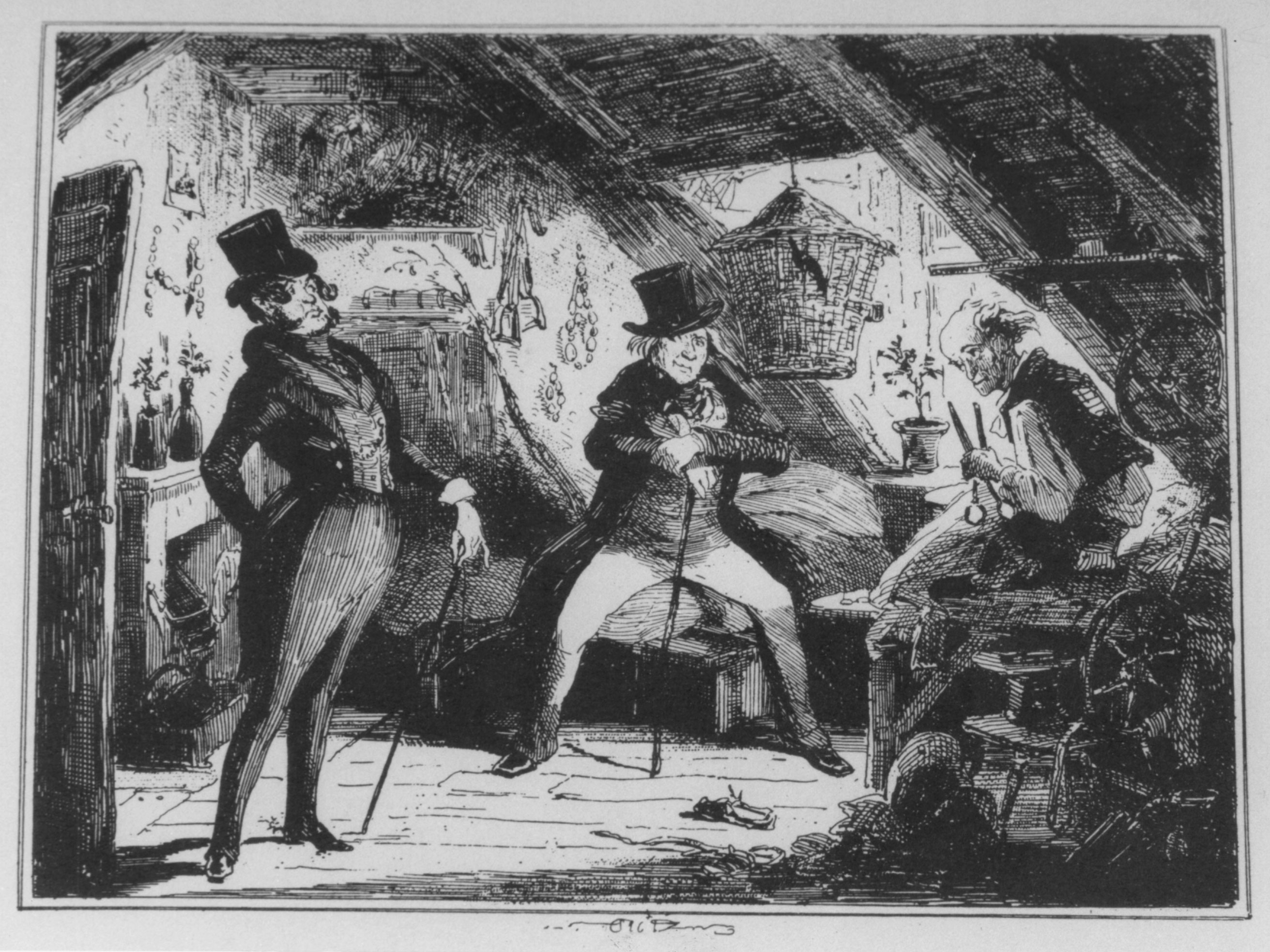 An illustration from the 1841 novel <em>The Career of Puffer Hopkins</em> caricatured the growing distinction between masters and journeymen. The master tailor’s prosperous outfit, stance, and fancy business address (New York’s Broadway) sharply contrasted with the journeyman’s wretched appearance and workshop-home.