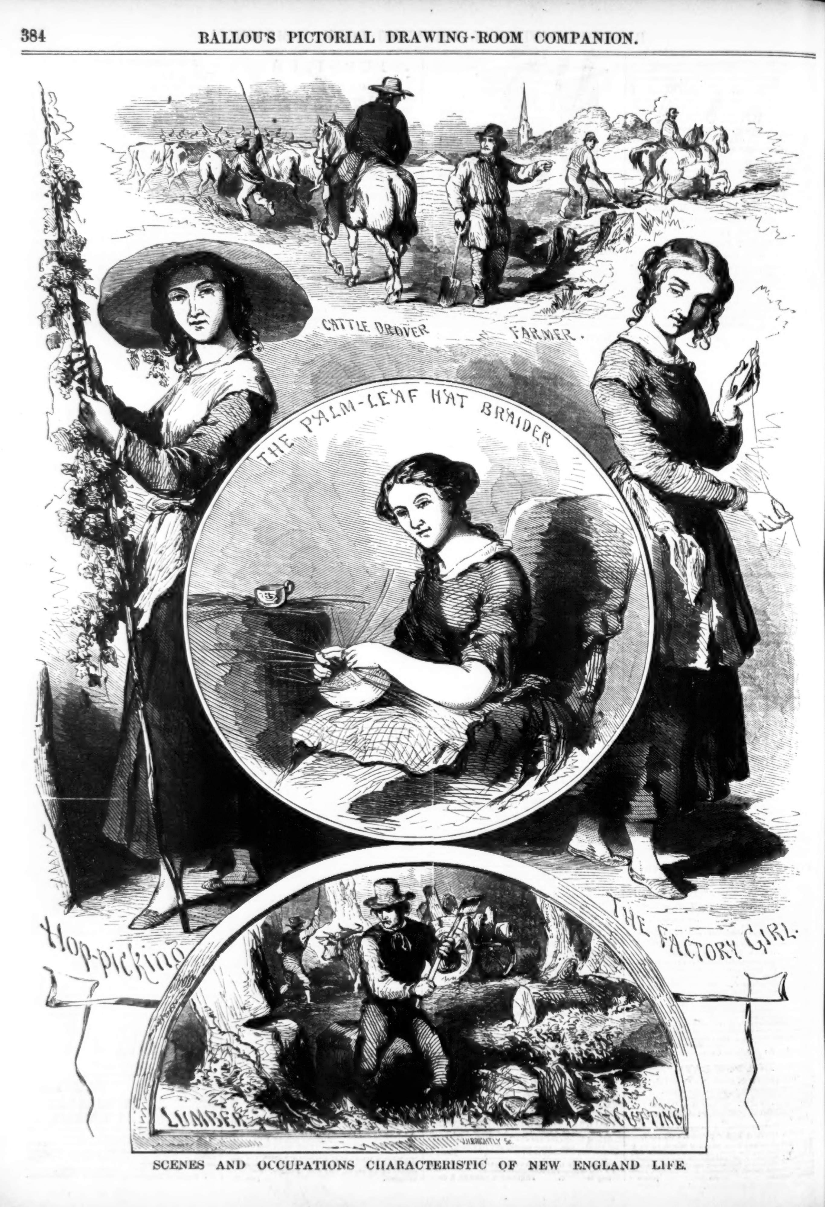 This engraving in a popular 1850s magazine heralded the centrality of rural women in antebellum work. While a variety of men such as a farmer, a drover, and a lumberman are shown at work, the illustration features three working women: a “factory girl,” a woman picking hops, and—in the center—a palm-leaf hat braider. Thousands of rural women made palm-leaf hats in their homes, adding valuable cash to their family’s income, all part of a vast rural outwork system organized by rural merchants.