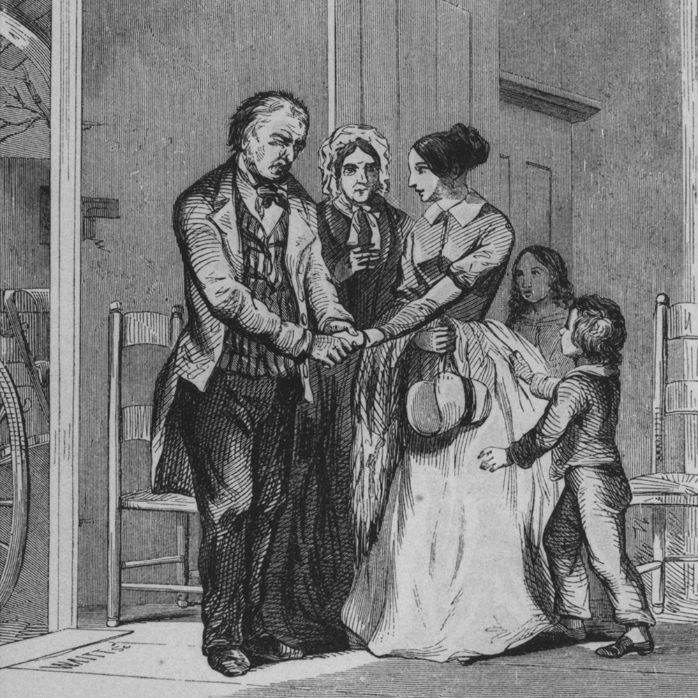 An illustration from T. S. Arthur’s reform tract <em>Illustrated Temperance Tales</em> presented a young woman leaving her farm family to work in a cotton mill. This picture was accurate in showing that New England farm families often had to rely on income from factory labor. But reformers blamed economic hardship on personal weaknesses—in the case of Arthur’s story, the father’s alcoholism.