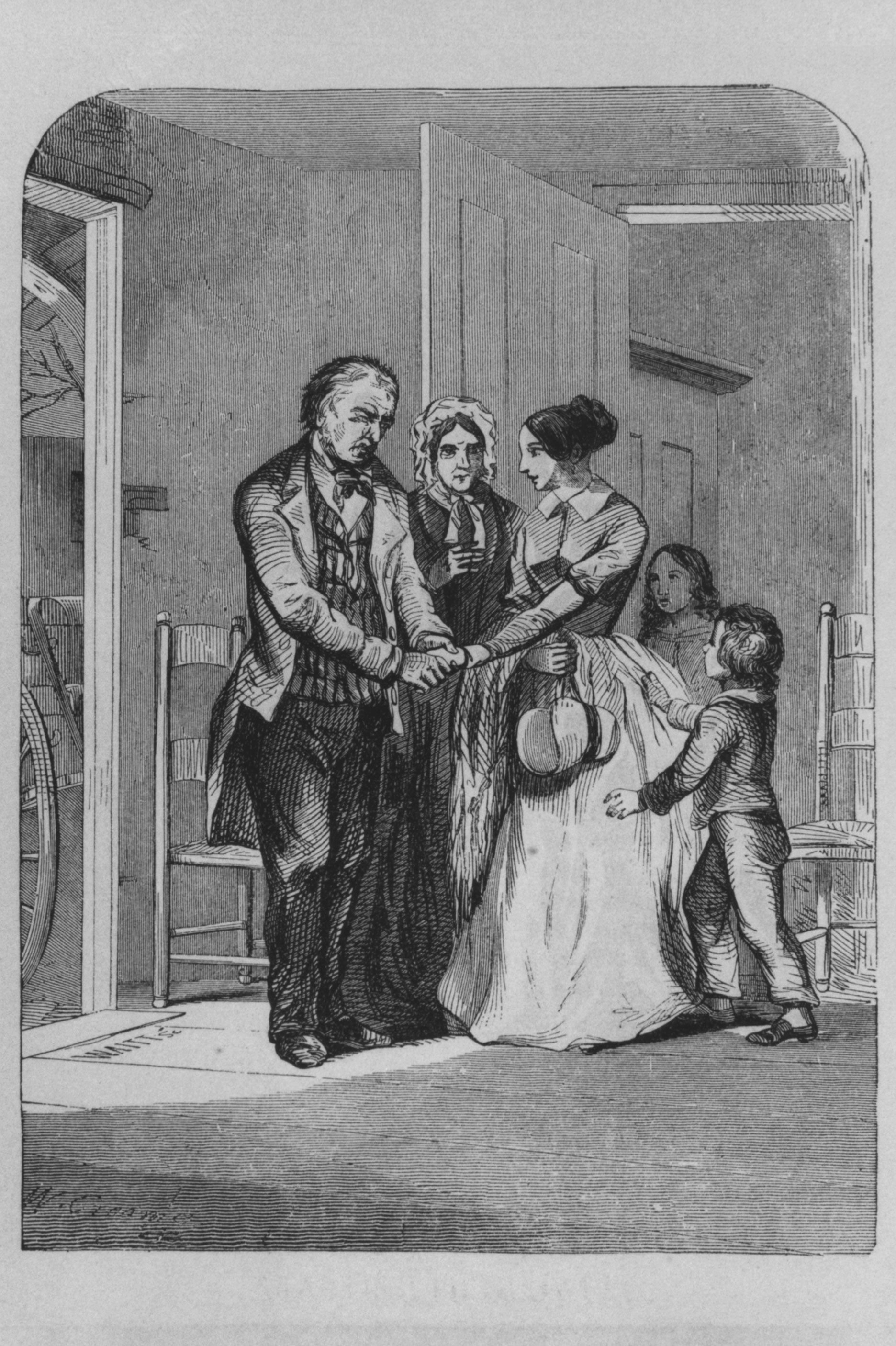 An illustration from T. S. Arthur’s reform tract <em>Illustrated Temperance Tales</em> presented a young woman leaving her farm family to work in a cotton mill. This picture was accurate in showing that New England farm families often had to rely on income from factory labor. But reformers blamed economic hardship on personal weaknesses—in the case of Arthur’s story, the father’s alcoholism.