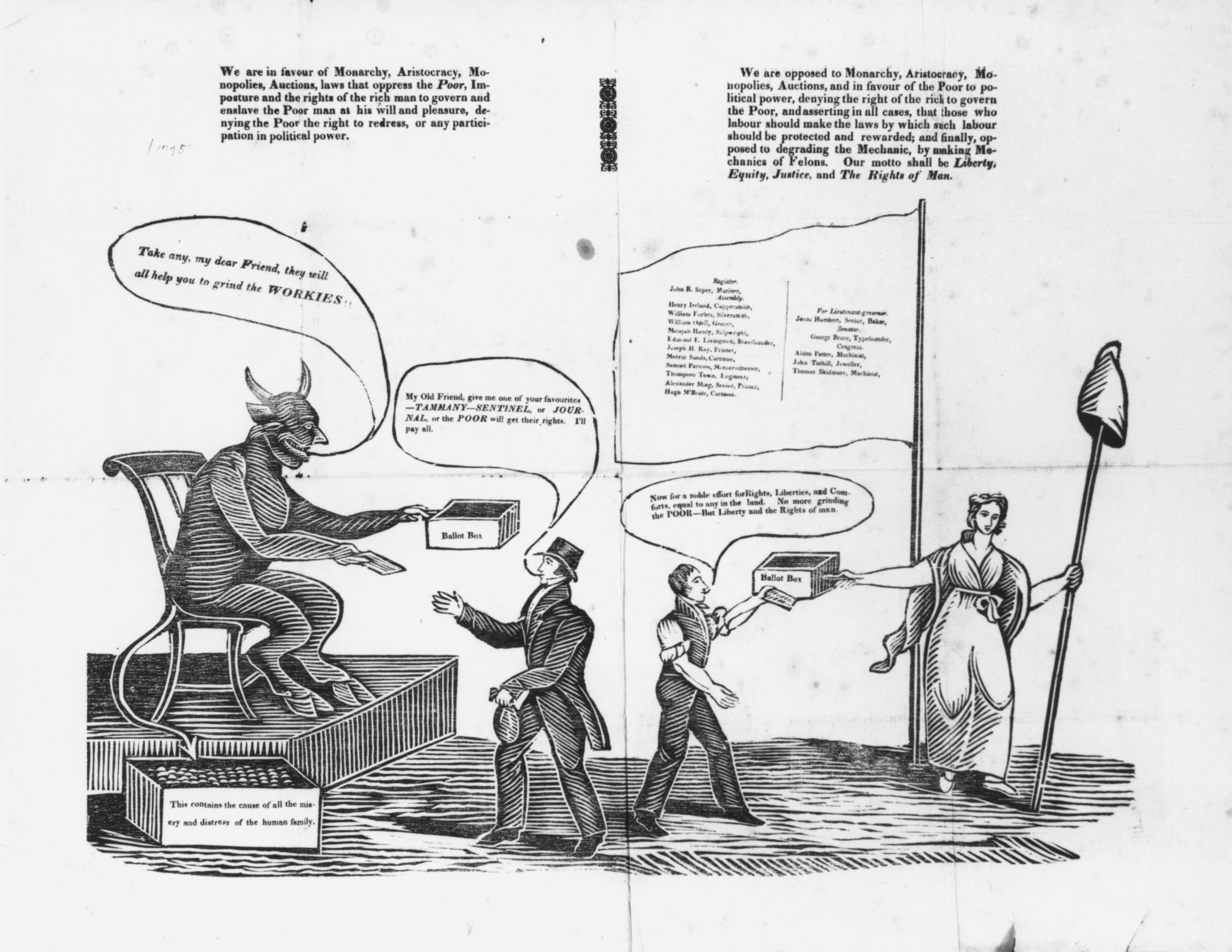 An engraving printed around 1830 depicted the forces of monopoly attempting to undermine the workingman’s vote. While the devil offered an aristocrat the support of "one of his “favourite” newspapers “to grind the WORKIES,” a mechanic placed his faith in suffrage.