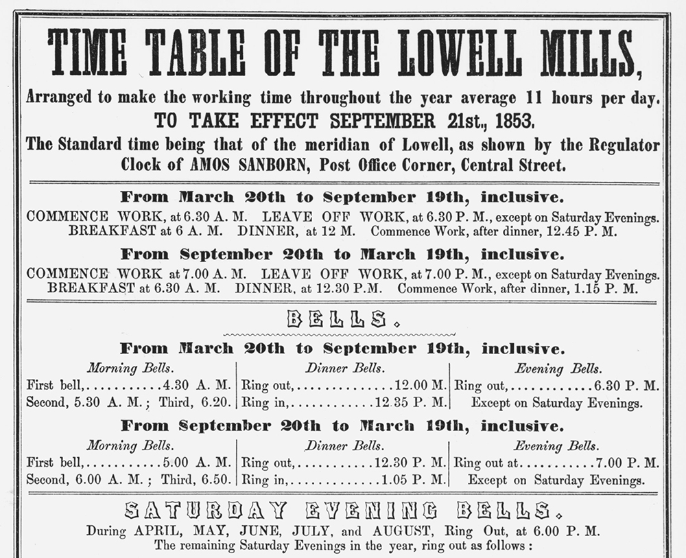 The mill workers’ day in 1853, as dictated by the managers of the Lowell Mills.