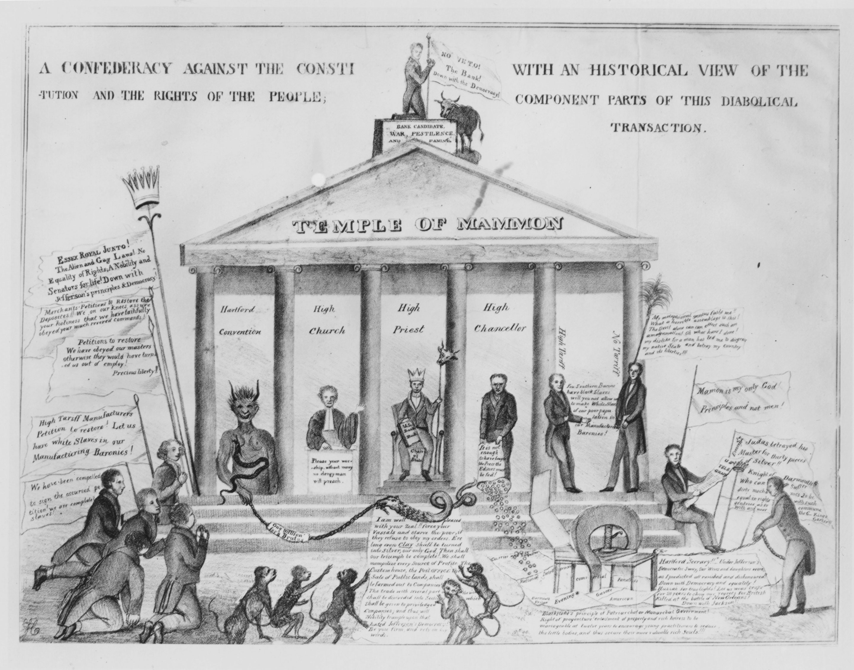 A typically busy 1830s cartoon denounced monopoly and privilege. On the right side of the “Temple of Mammon” (named after the New Testament false god of wealth and avarice), a northern manufacturer conspired with a southern planter: “You Southern Barons have black Slaves; will you not allow us to make white Slaves of our poor population in our Manufacturing Baronies?”