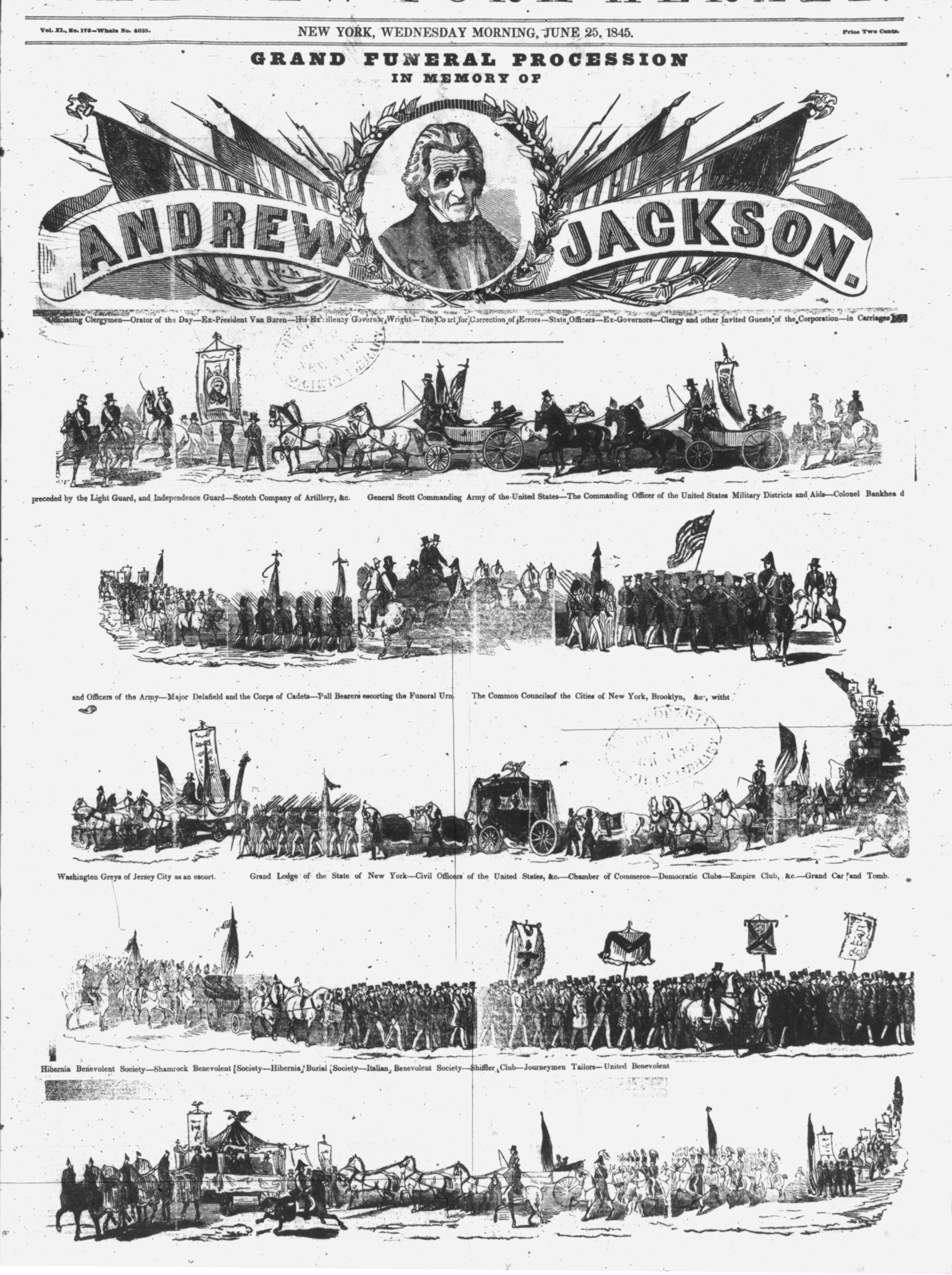 Expanded political participation was aided by and contributed to the rise of new, inexpensive newspapers that trafficked in scandal and sensation. The New York <em>Herald</em>, more than any other of the so-called penny newspapers, published topical pictures. Most of the time, the pictures were simple maps or crude portraits of people in the news. Occasionally, special events received greater pictorial coverage. But when the <em>Herald</em> published five detailed pictures on its cover showing New York’s 1845 funeral procession honoring Andrew Jackson—the first full-page cover devoted to pictures ever to appear in a daily newspaper—rival newspapers charged that the same engravings had been used to illustrate Queen Victoria’s coronation, William Henry Harrison’s funeral, and the celebration of the opening of the Croton reservoir. The <em>Herald</em> discontinued illustrating the news after 1850, leaving that task to the weekly illustrated press.