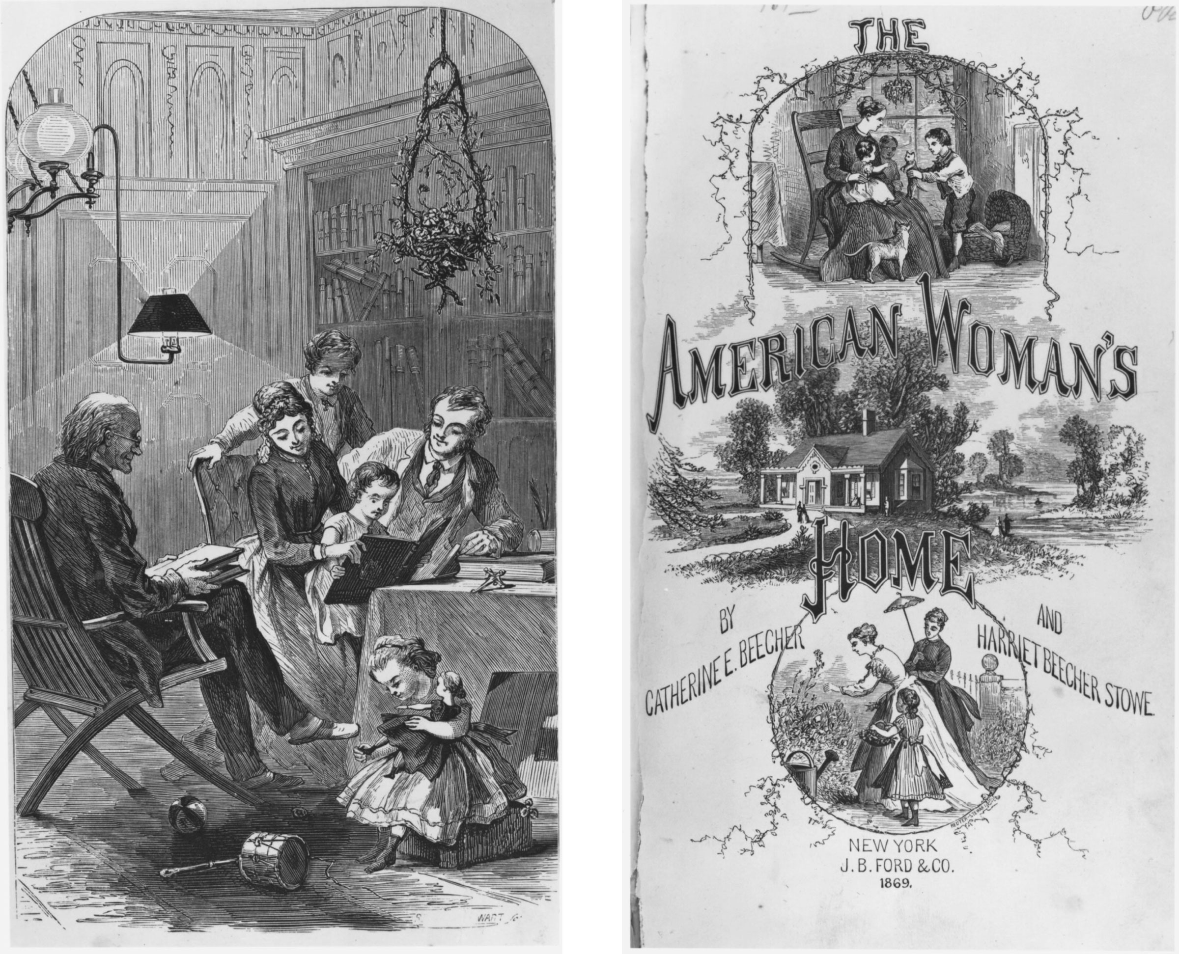 These were the frontispiece and title page of a popular 1869 guide to the “formation and Maintenance of Economical, Healthful, Beautiful, and Christian Homes.” Intended to instruct young women on their proper role in the middle-class home, this book was continually expanded and reprinted after its first publication in 1841. Its lessons about “domestic science” ranged from the correct way to raise children to the appropriate type of picture to hang in the parlor.