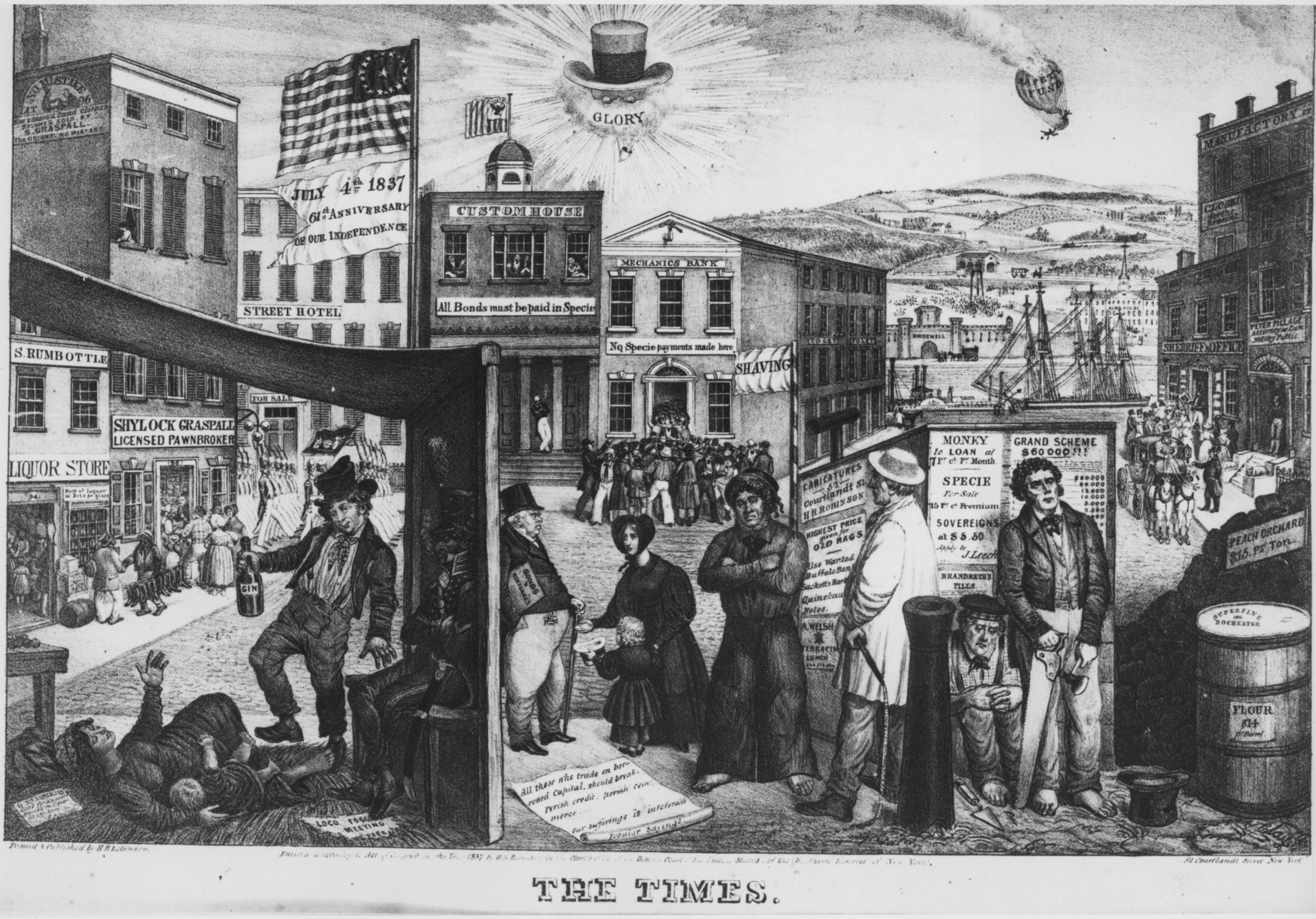 The ravages of the depression were catalogued and blamed on the Jackson administration in this 1837 lithograph by a Whig printmaker. In the foreground, a family descended into alcoholism, a mother and child begged for charity, and unemployed workers stood about. In the background, citizens lined up outside of a pawnbroker’s establishment while others made a run on a bank. Signs all around announced the devaluation of currency and lack of credit. Above the dismal scene shone Andrew Jackson’s well-known beaver hat, spectacles, and clay pipe.