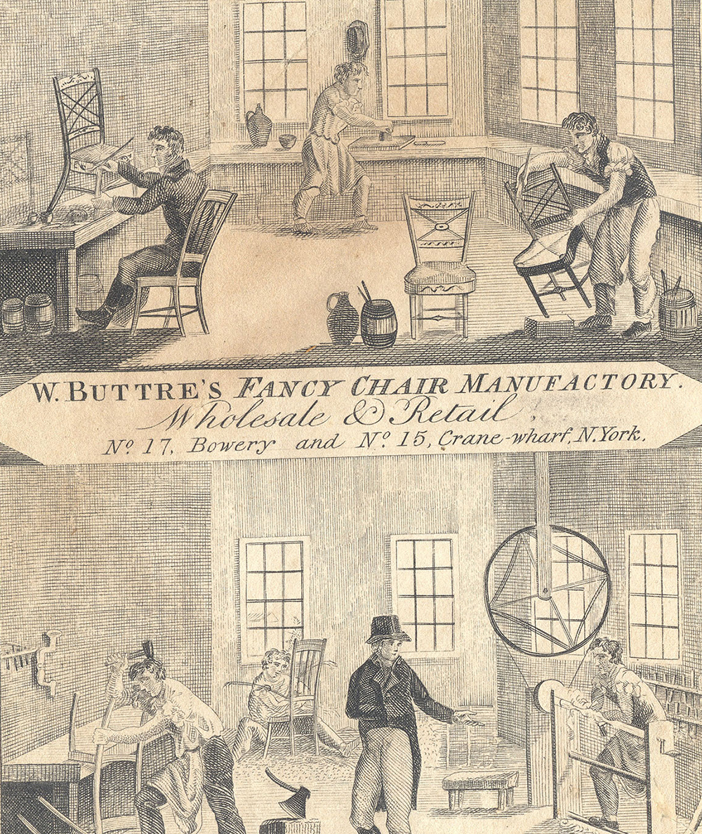 Well before mechanization, the division of labor within the workshop made possible the production of more products at cheaper prices. This trade card for William Buttre’s Fancy Chair Manufactory shows the way in which production was subdivided; in the lower panel, for example, one man turns chair legs on a lathe while in the background, a younger man “seats” a chair. After 1800, fancy chairs could be found in the homes of all classes of Americans because of their attractive “classical” style and inexpensive price.