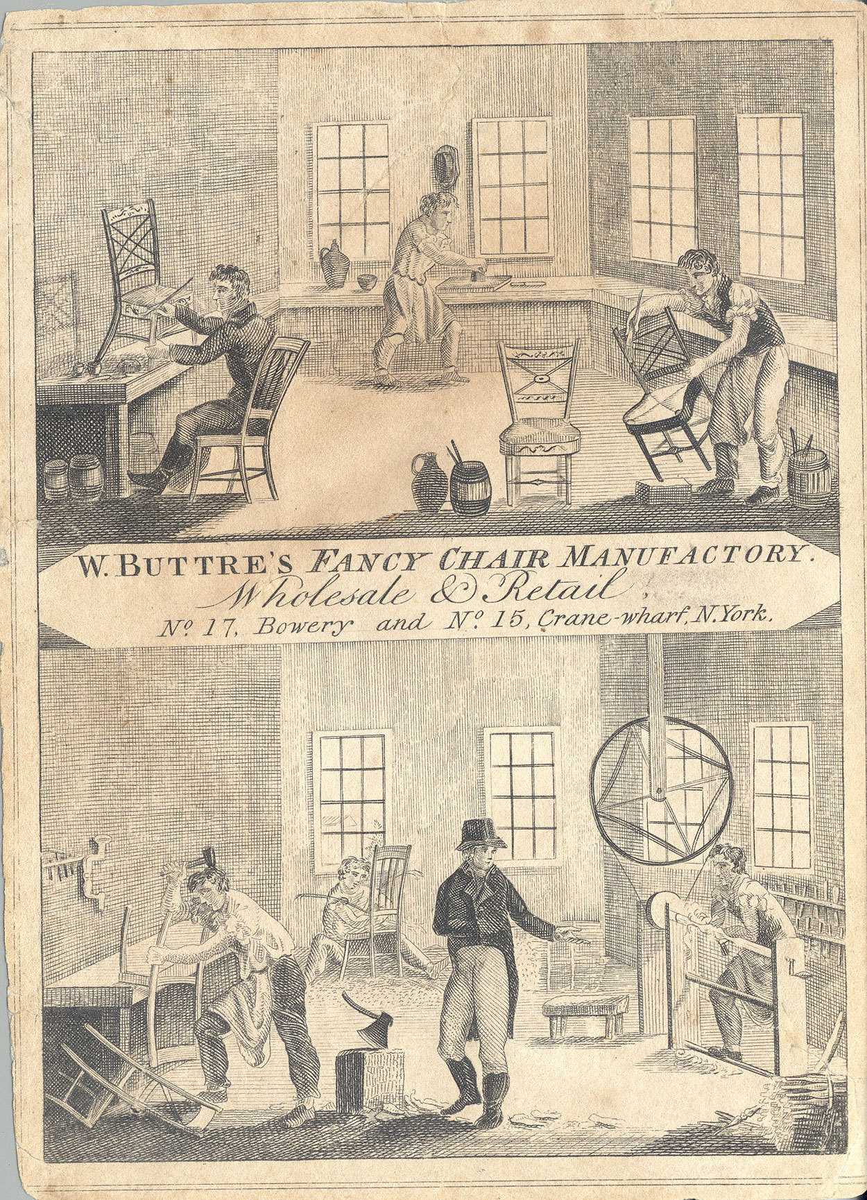 Well before mechanization, the division of labor within the workshop made possible the production of more products at cheaper prices. This trade card for William Buttre’s Fancy Chair Manufactory shows the way in which production was subdivided; in the lower panel, for example, one man turns chair legs on a lathe while in the background, a younger man “seats” a chair. After 1800, fancy chairs could be found in the homes of all classes of Americans because of their attractive “classical” style and inexpensive price.