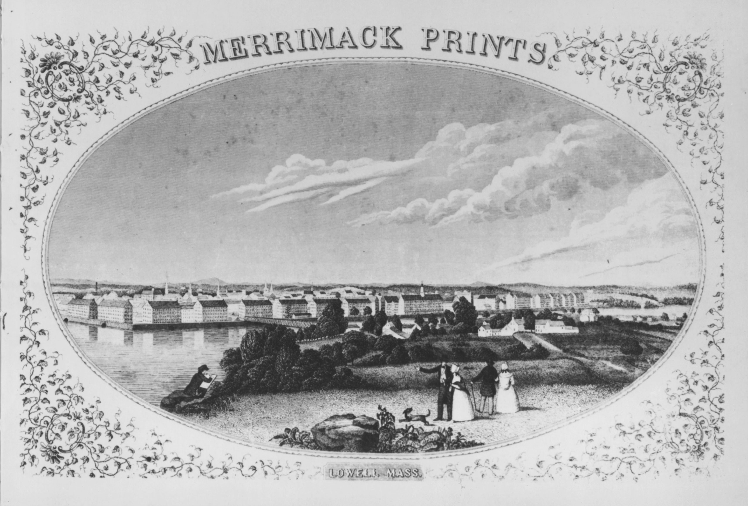 In this illustration, which was printed in a Merrimack Company folder containing fabric samples, the Lowell mills nestled peacefully in the countryside.