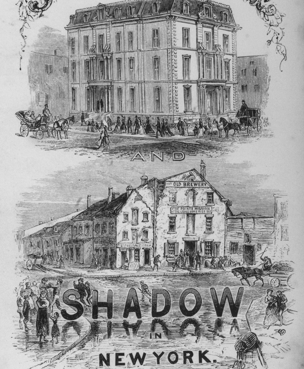 Regular mid-nineteenth-century publications presented the East’s industrializing cities—New York, Philadelphia, and Baltimore—as fractured societies. According to articles, novels, and city guides, each was really two cities: one orderly, prosperous, and bathed in “sunlight” and the other menacing, poor, and steeped in “darkness” (or “gaslight”). In this frontispiece from the 1868 <em>Sunshine and Shadow in New York</em>, the symbolic extremes of day and night were represented by a Fifth Avenue mansion and the Old Brewery, an infamous “thieves’ den.”