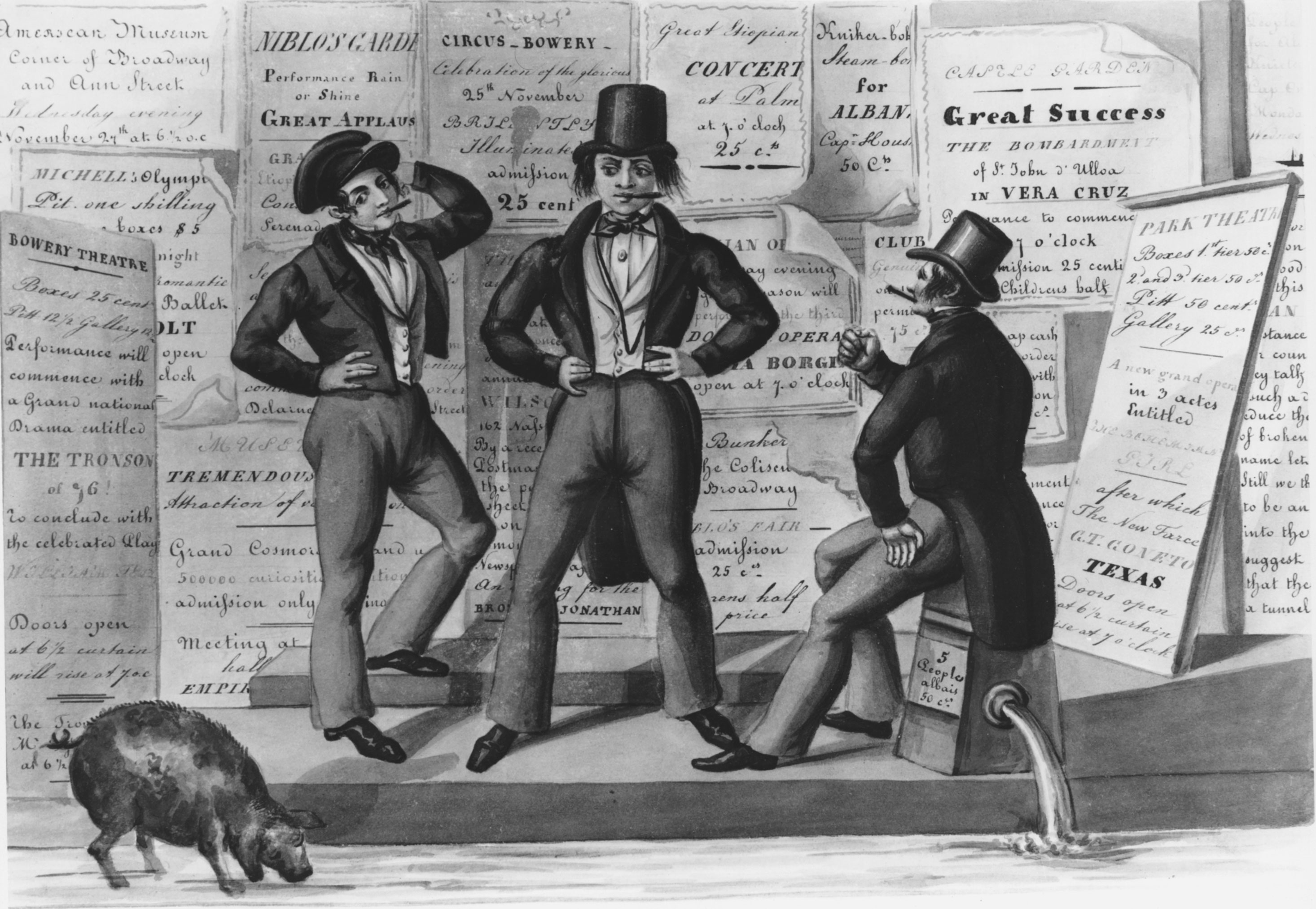 This 1847 watercolor depicted the young men who habituated New York’s working-class entertainment area: the Bowery. They wore the fashionable long sideburns that gave them the nickname. Around them, posters advertised some of the Bowery attractions the “B’hoys” attended after their workday ended.